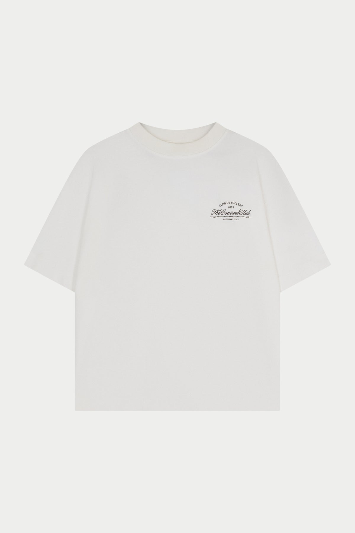 White t-shirt with a small logo on a light gray background