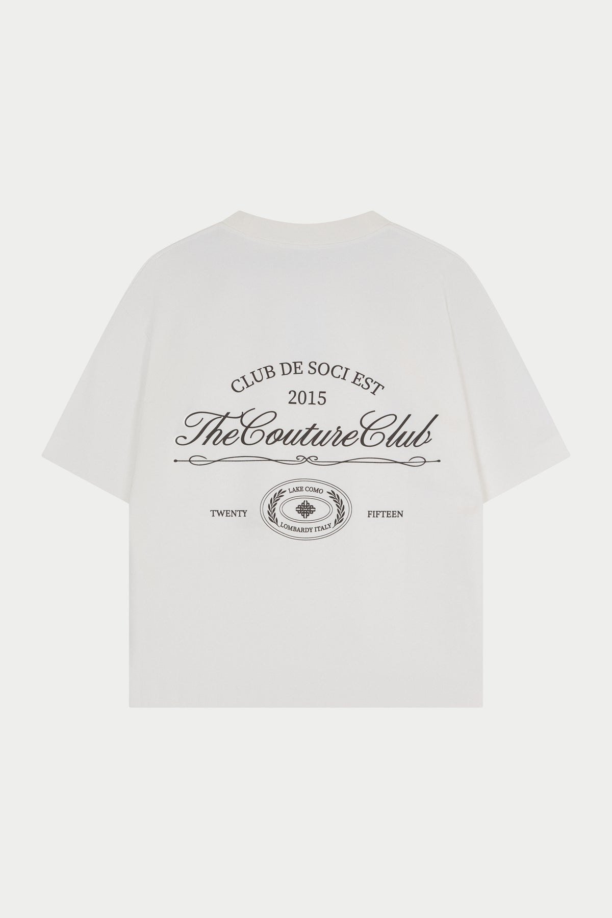 White t-shirt with black text and logo on a white background