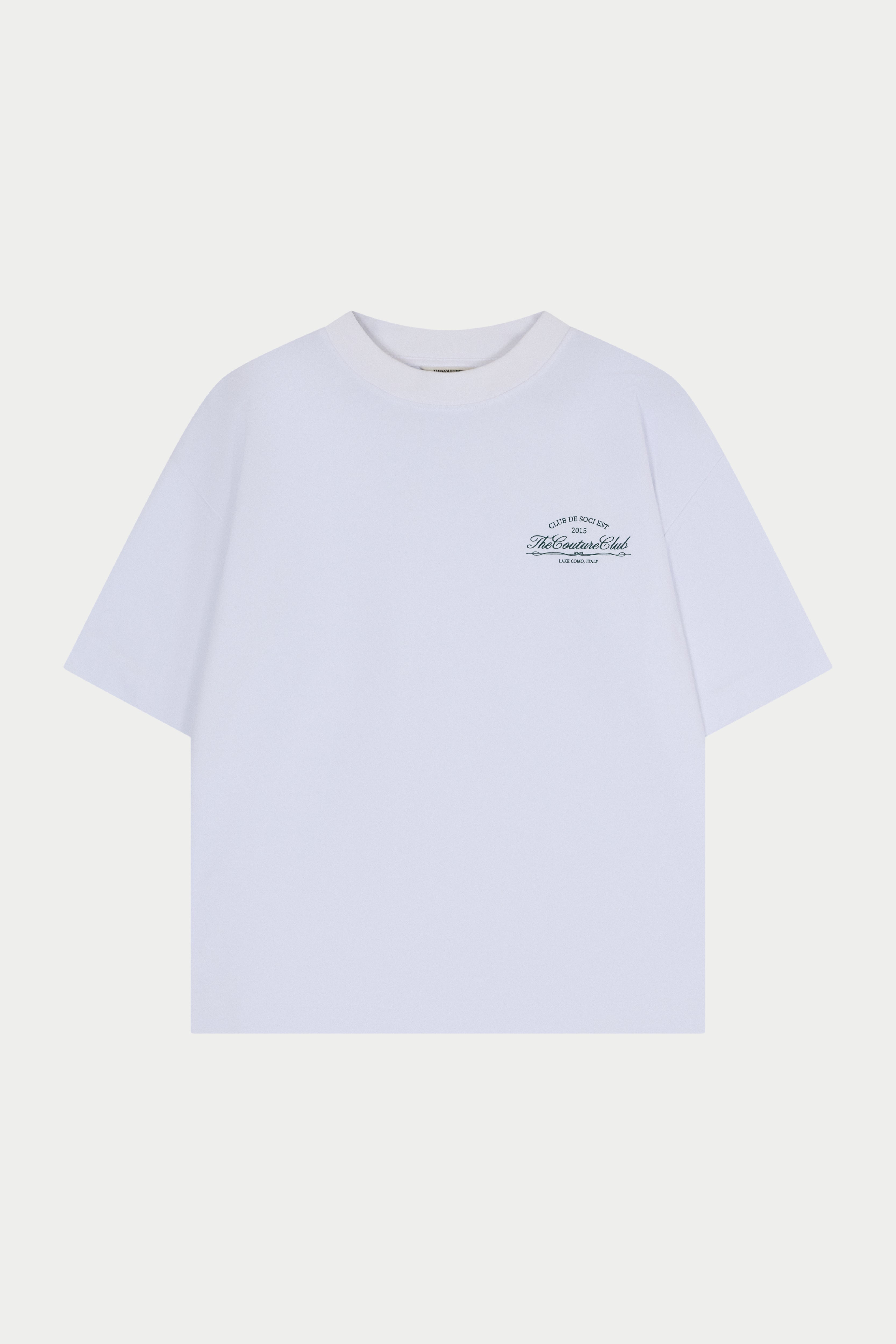 White t-shirt with a small logo on a white background