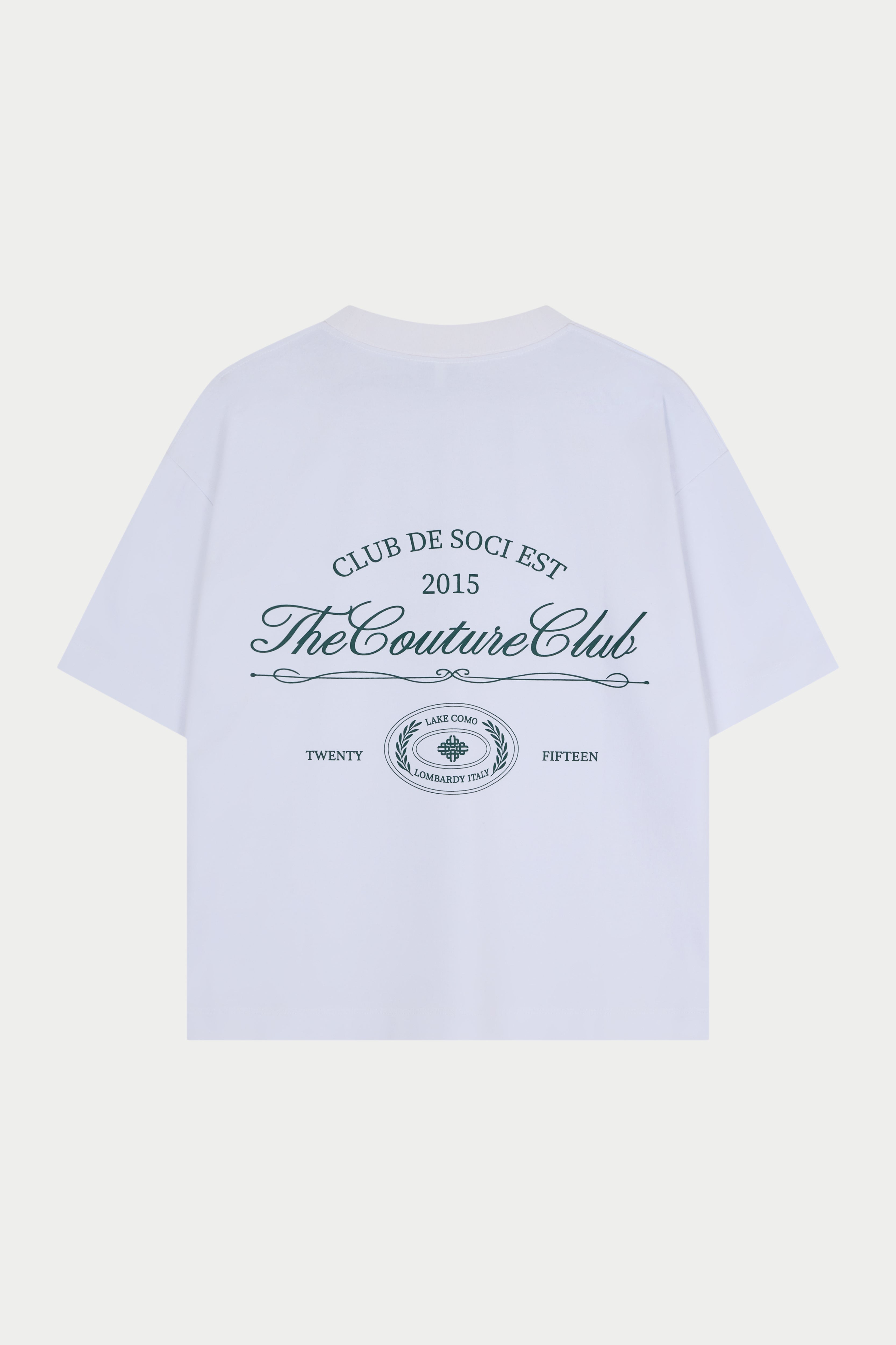 White t-shirt with 'The Couture Club' text and logo on a white background
