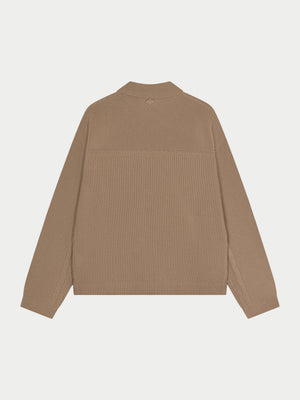 CONTRAST KNIT CROCHET LONG SLEEVE SHIRT - BROWN