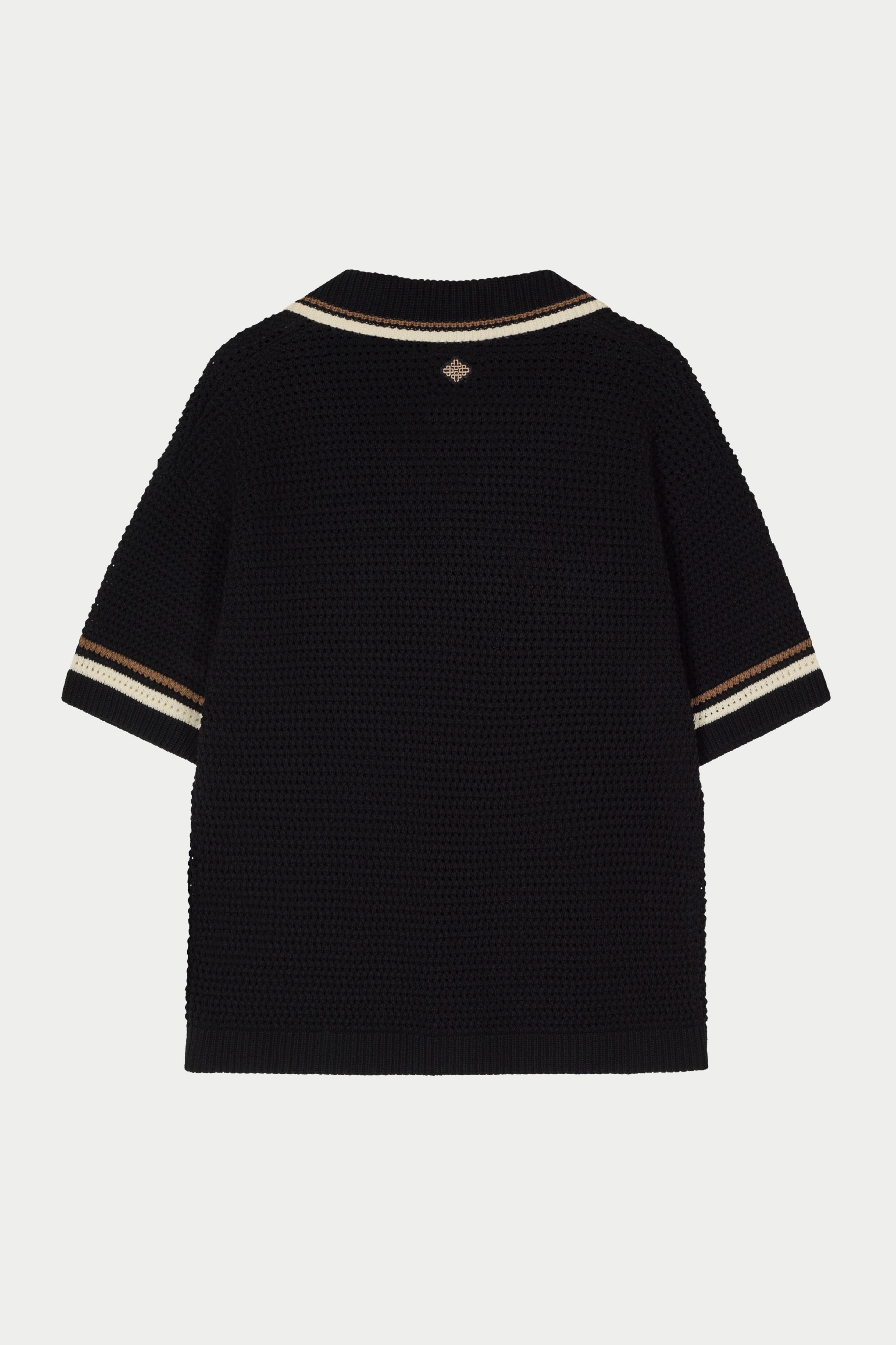 CROCHET KNITTED STRIPE BUTTON THROUGH SHIRT - BLACK