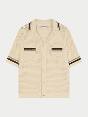 CROCHET KNITTED STRIPE BUTTON THROUGH SHIRT - OFF WHITE