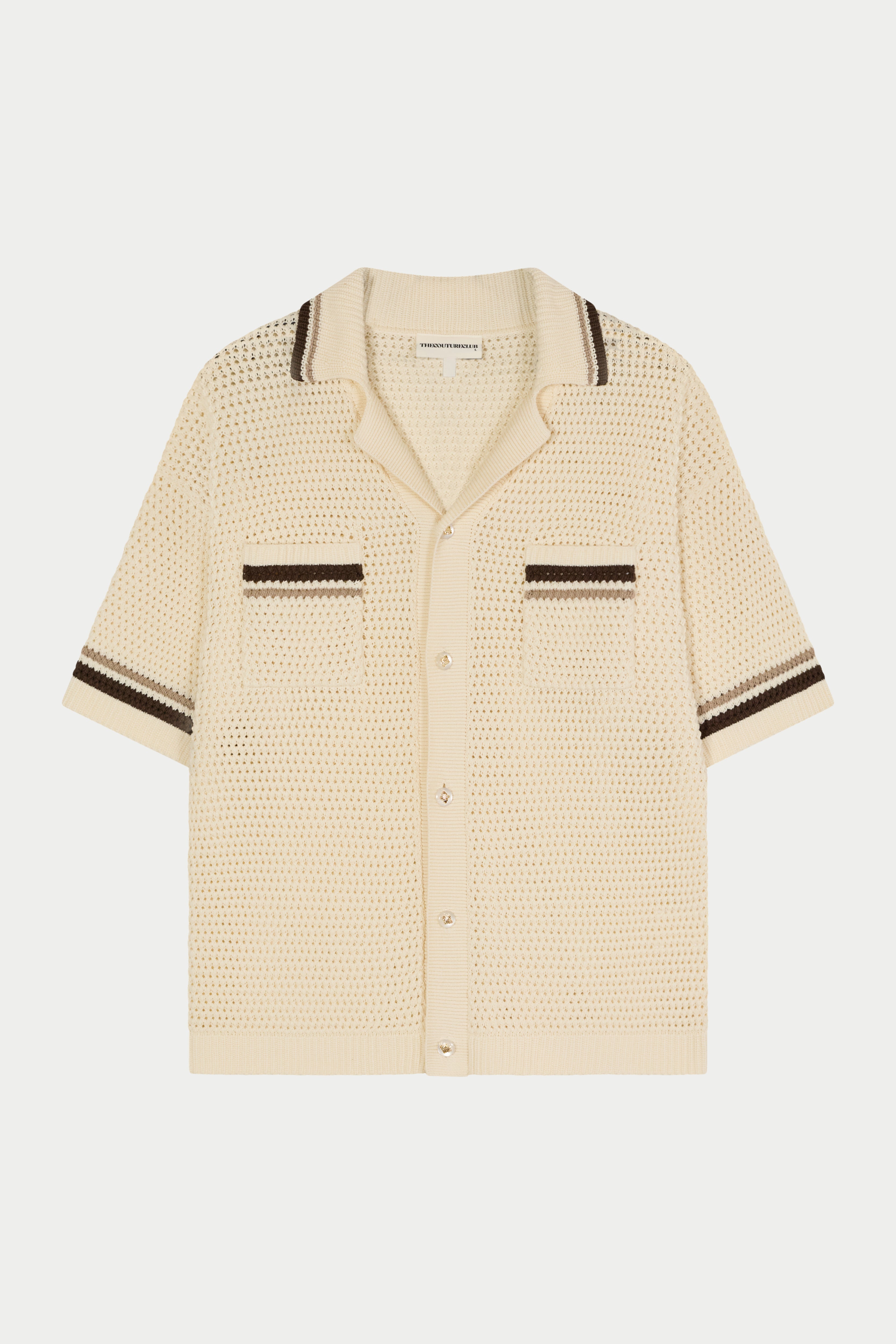 CROCHET KNITTED STRIPE BUTTON THROUGH SHIRT - OFF WHITE