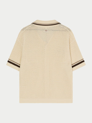 CROCHET KNITTED STRIPE BUTTON THROUGH SHIRT - OFF WHITE