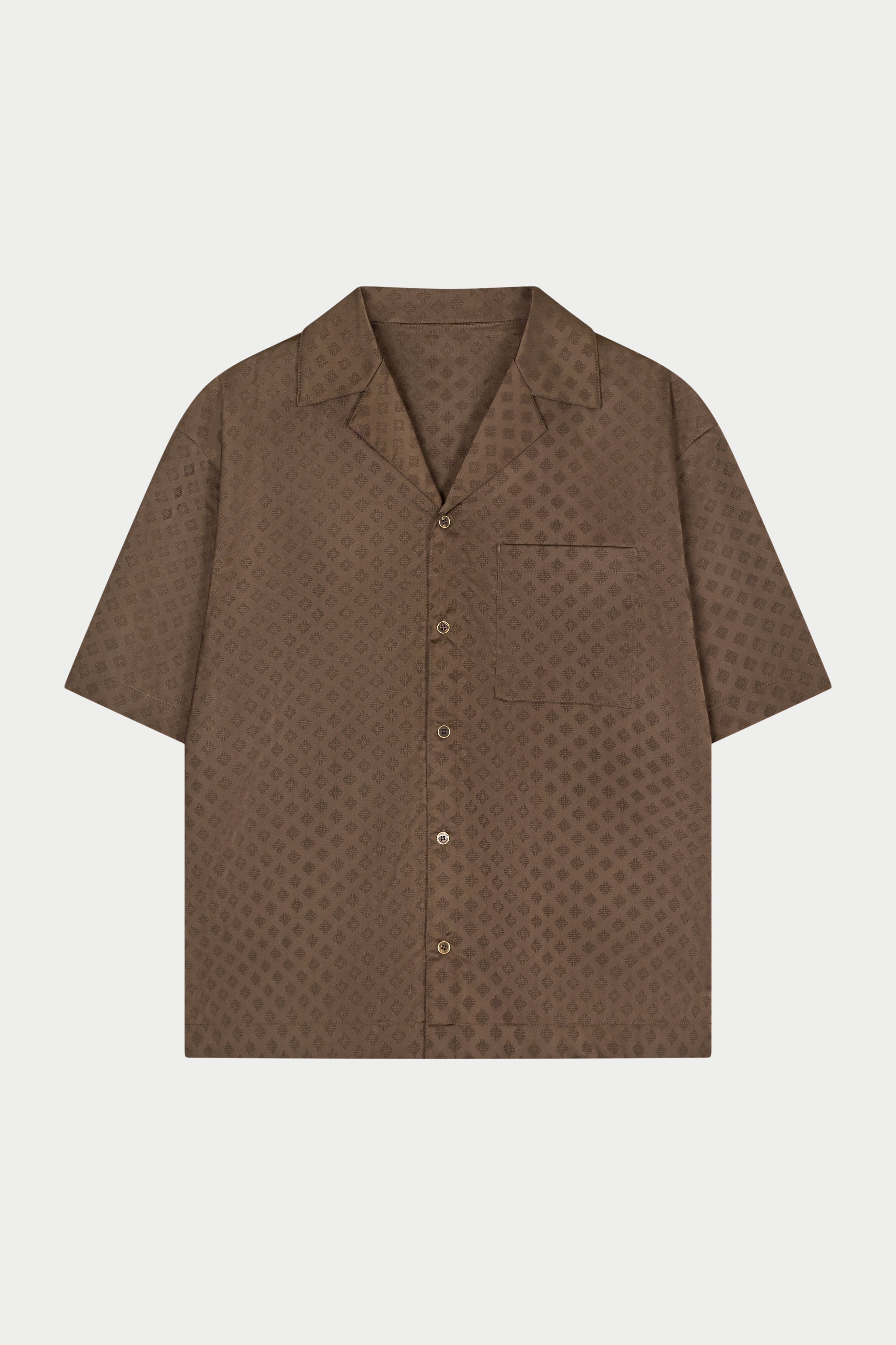 Brown patterned satin shirt on a white background