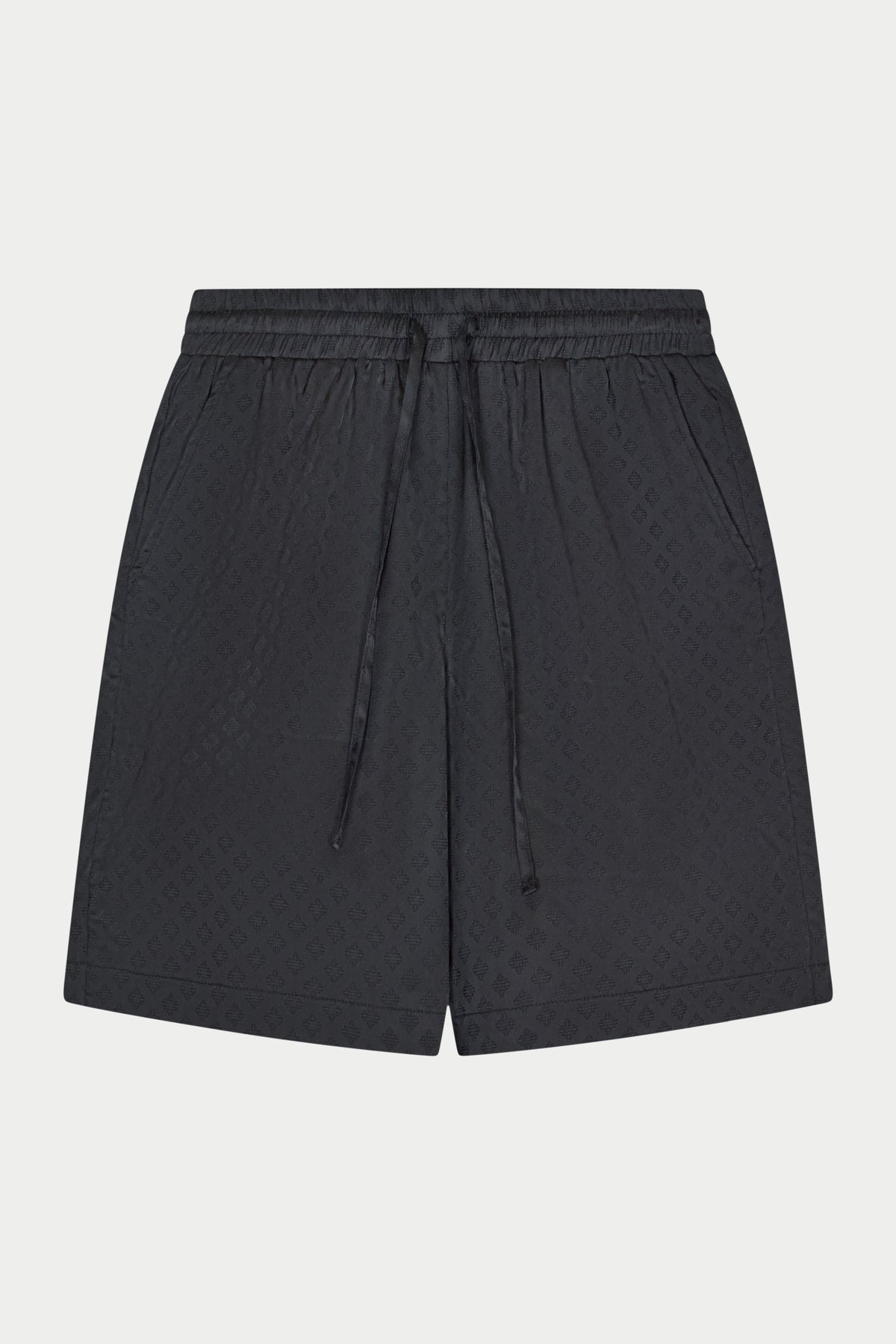 Black satin shorts with a jacquard print on a white background