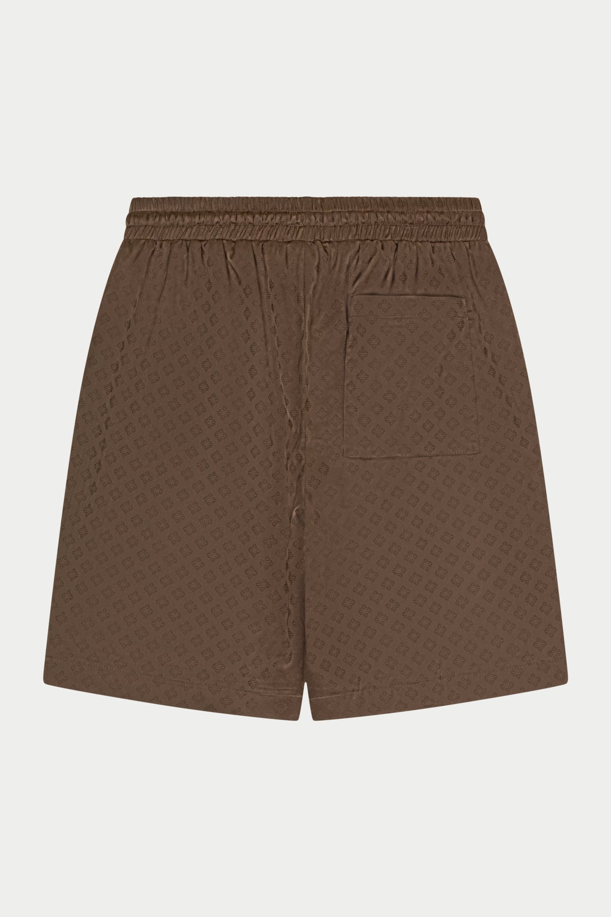 Brown satin shorts with a geometric pattern on a white background