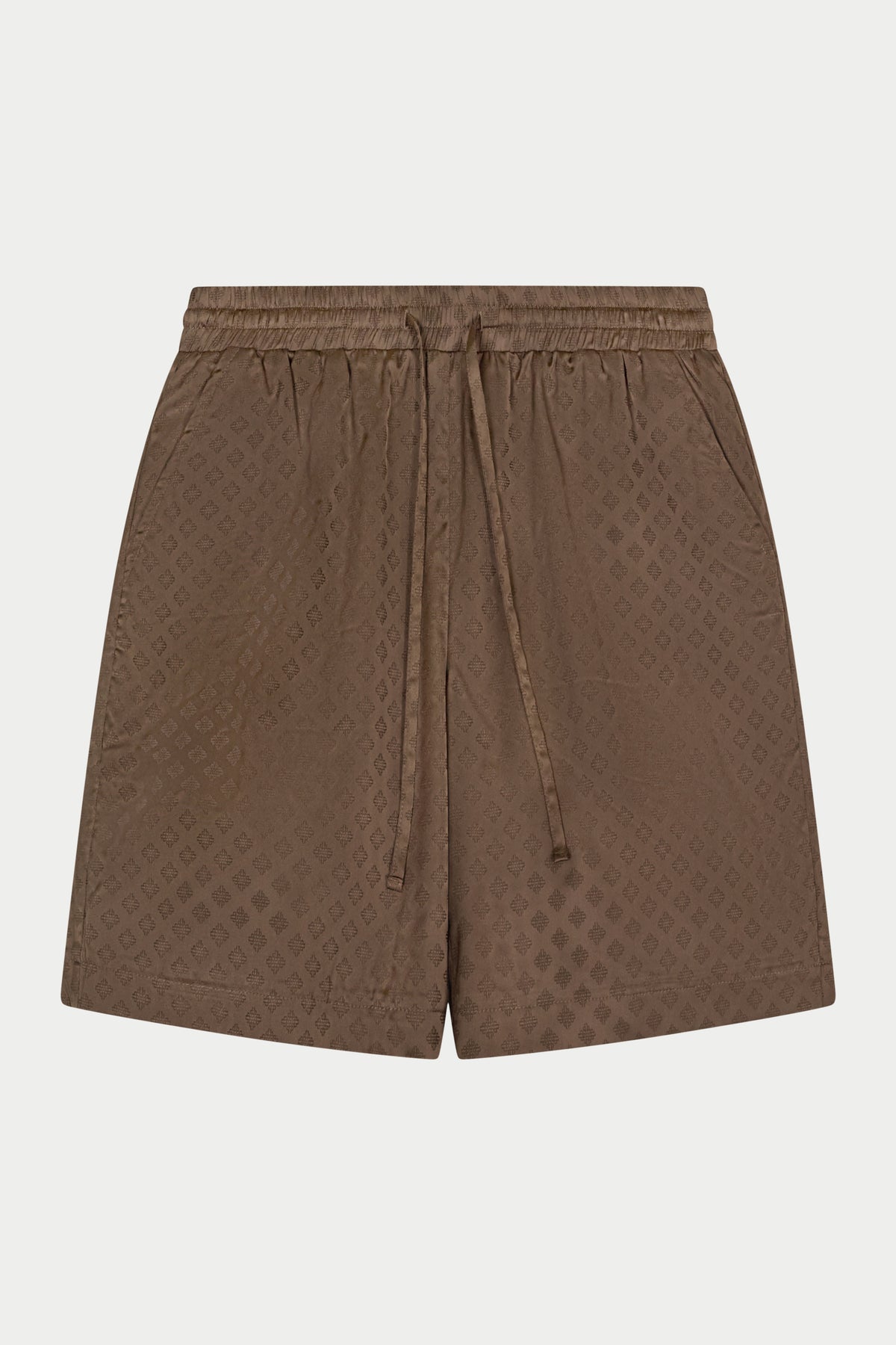 Brown satin shorts on a white background