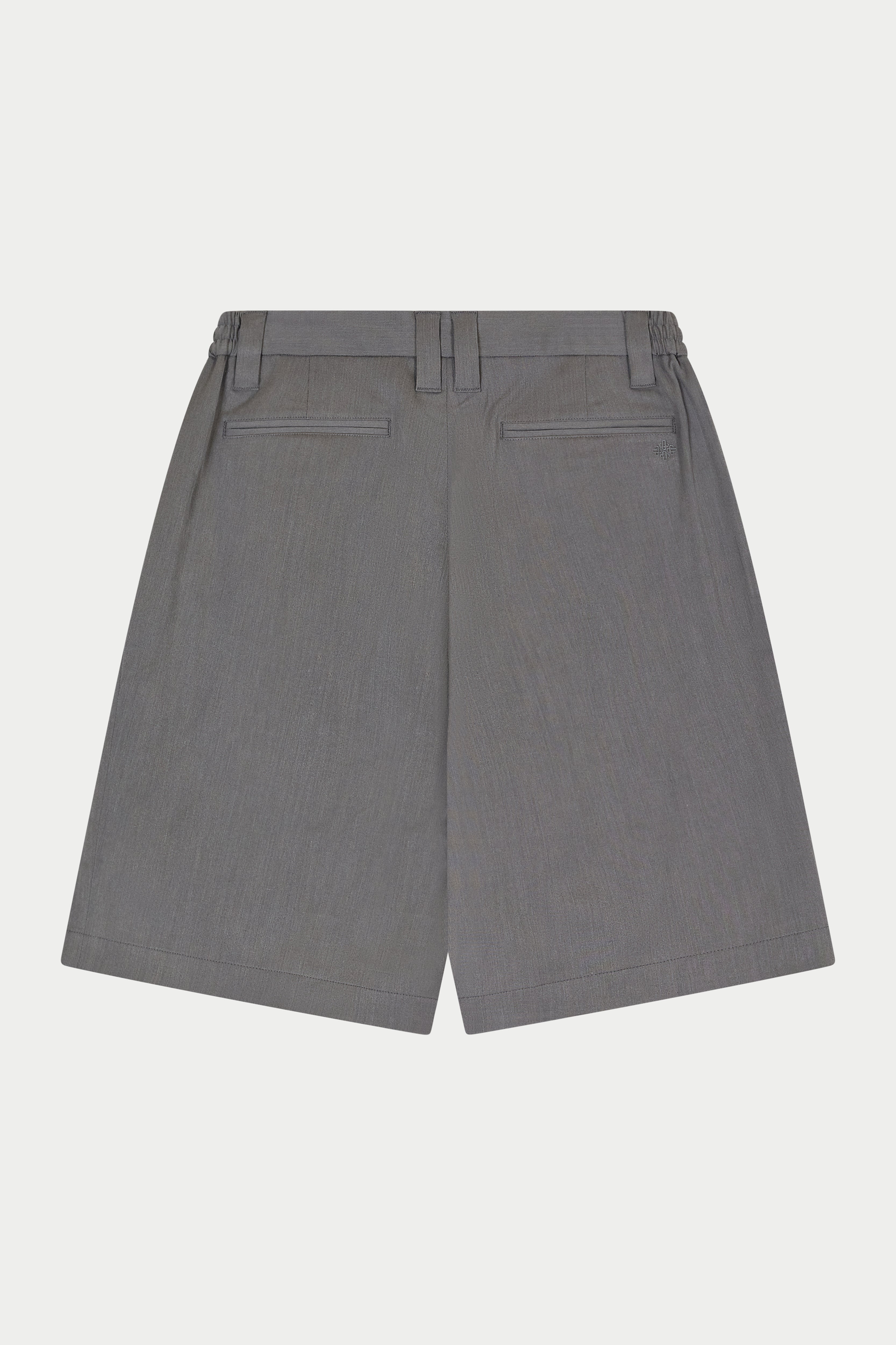 Grey tailored shorts on a white background