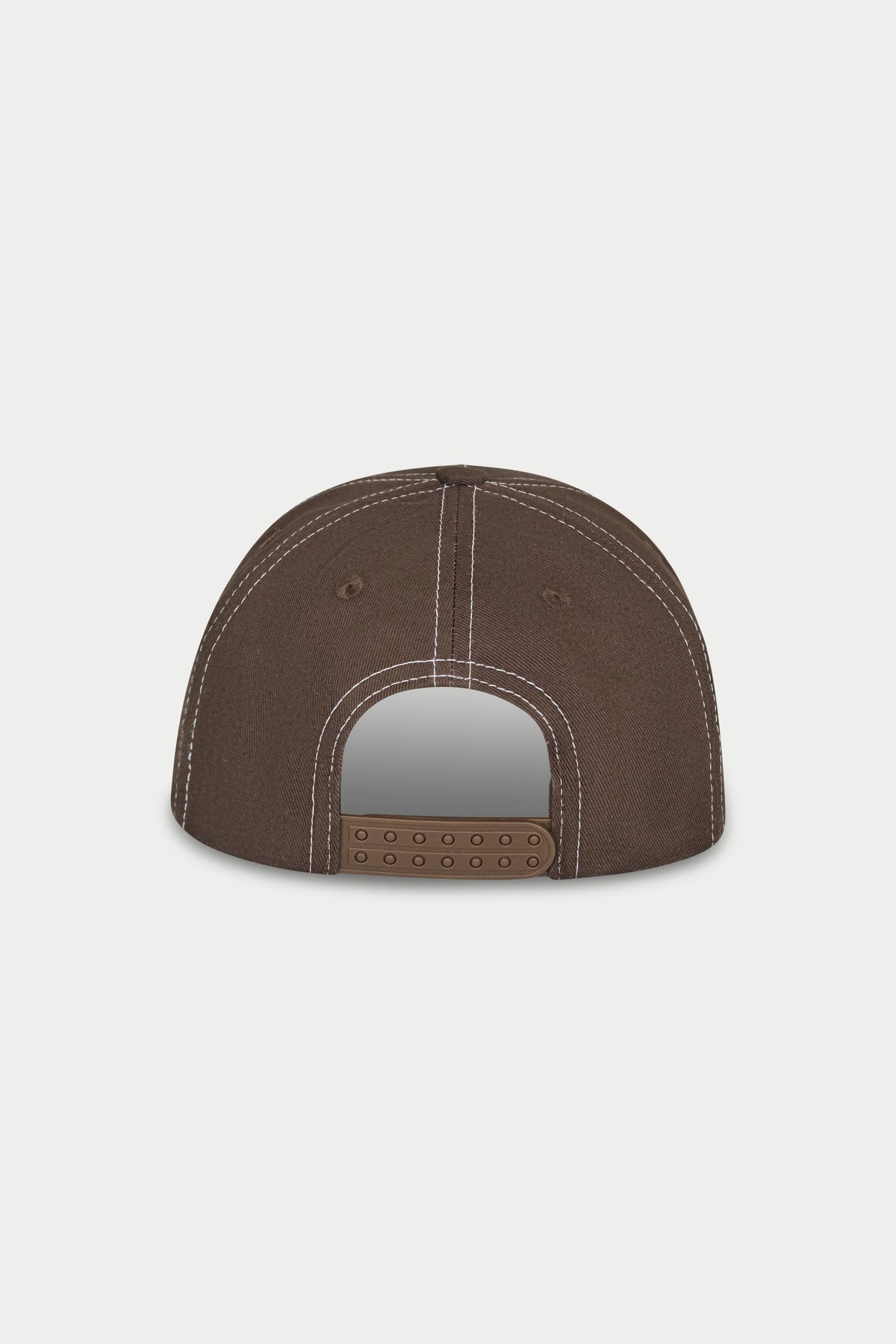 Brown baseball cap with white embroidery on a white background