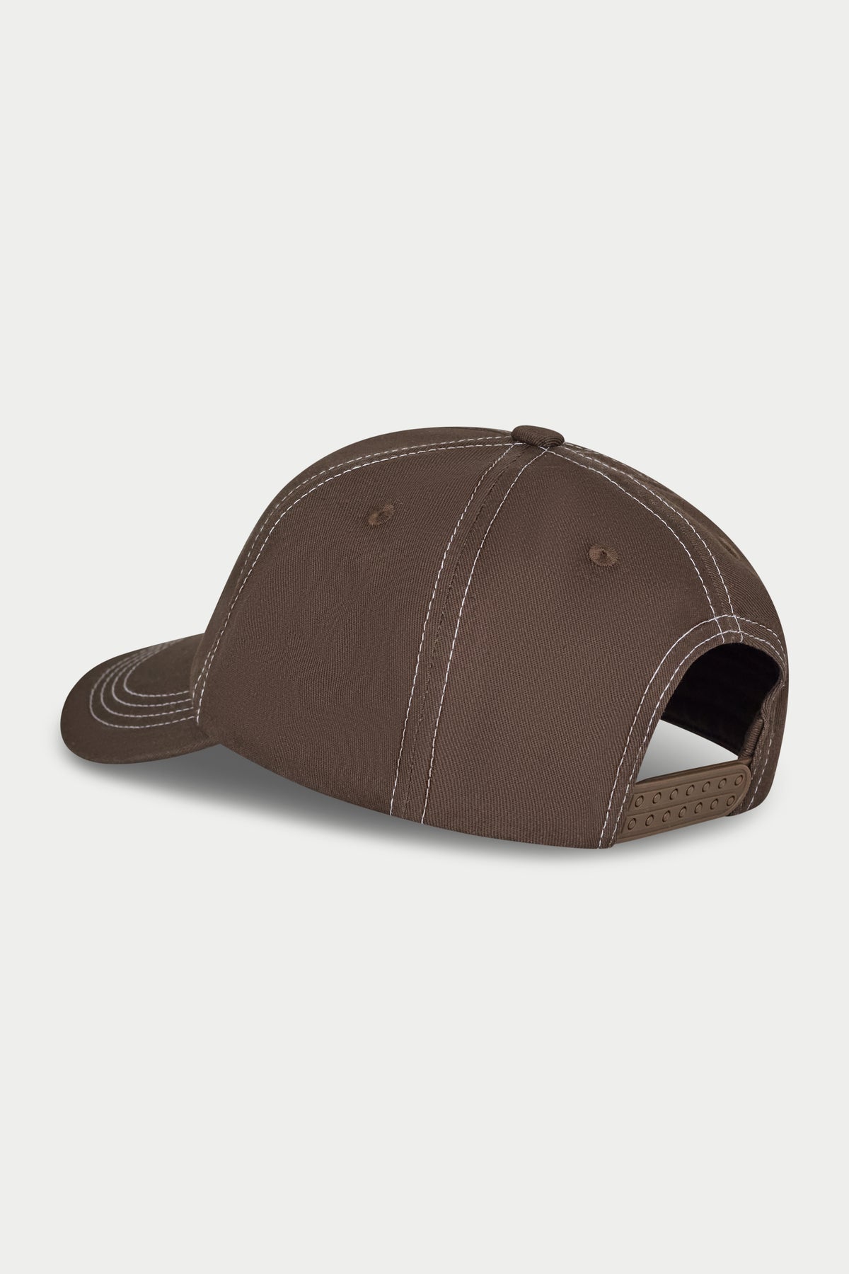 Brown baseball cap with white embroidery on a white background