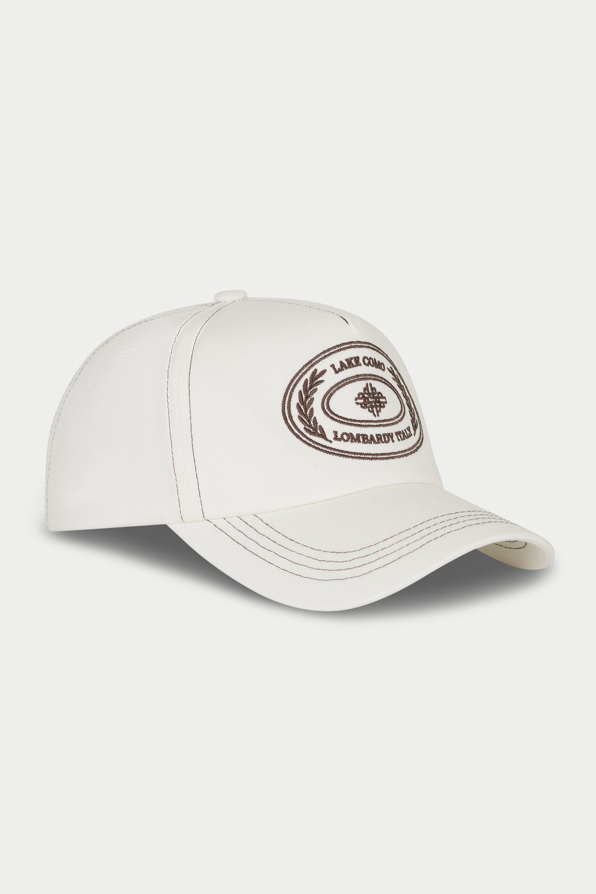 White cap with a brown logo on a white background