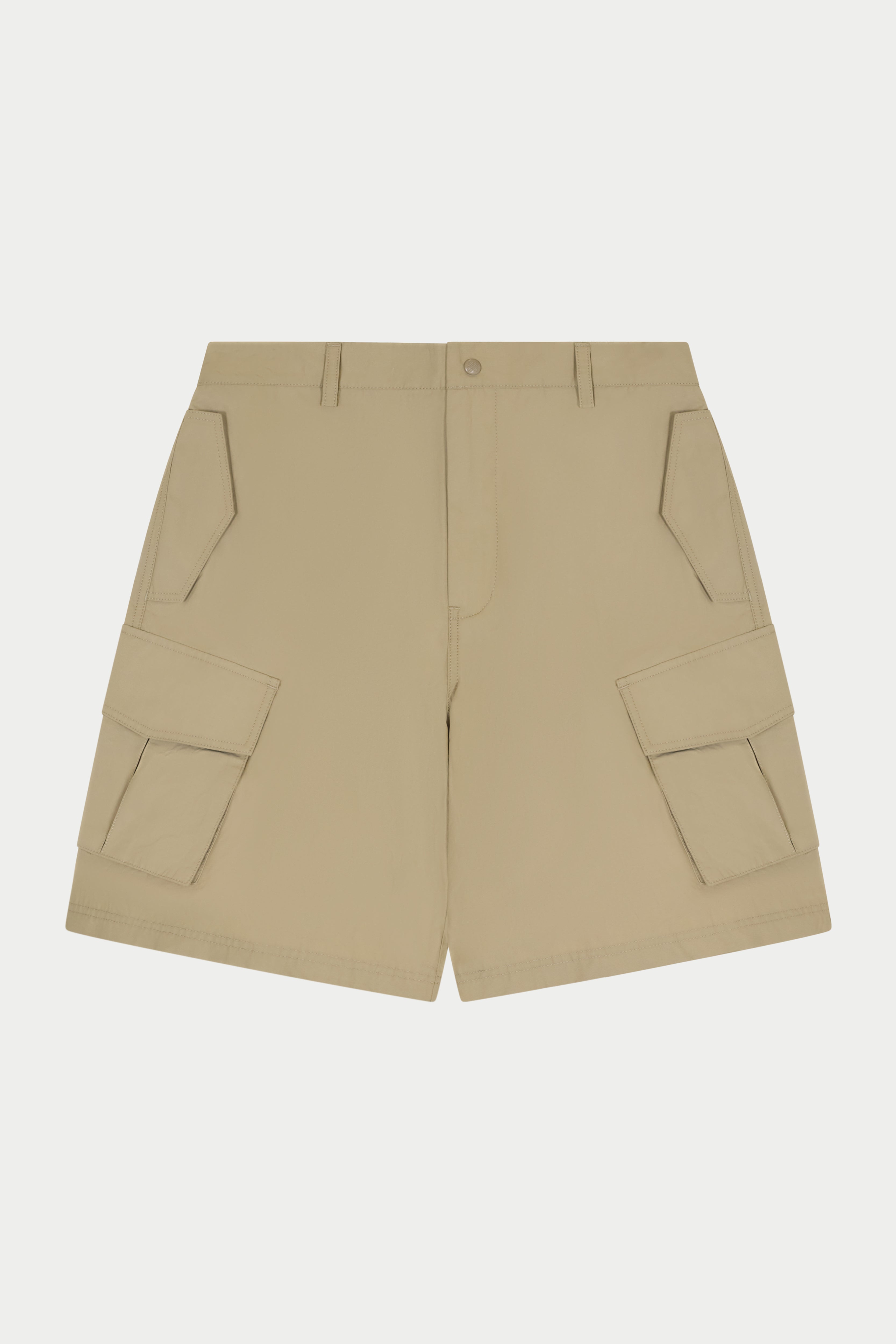 Beige cargo shorts on a white background