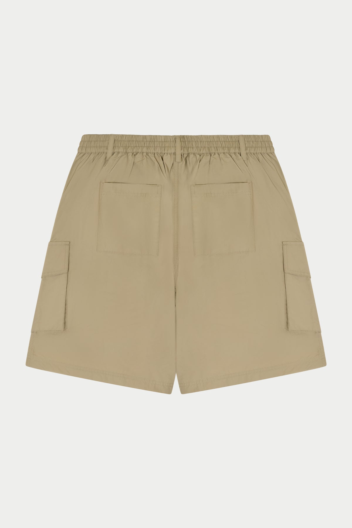 Beige cargo shorts on a white background