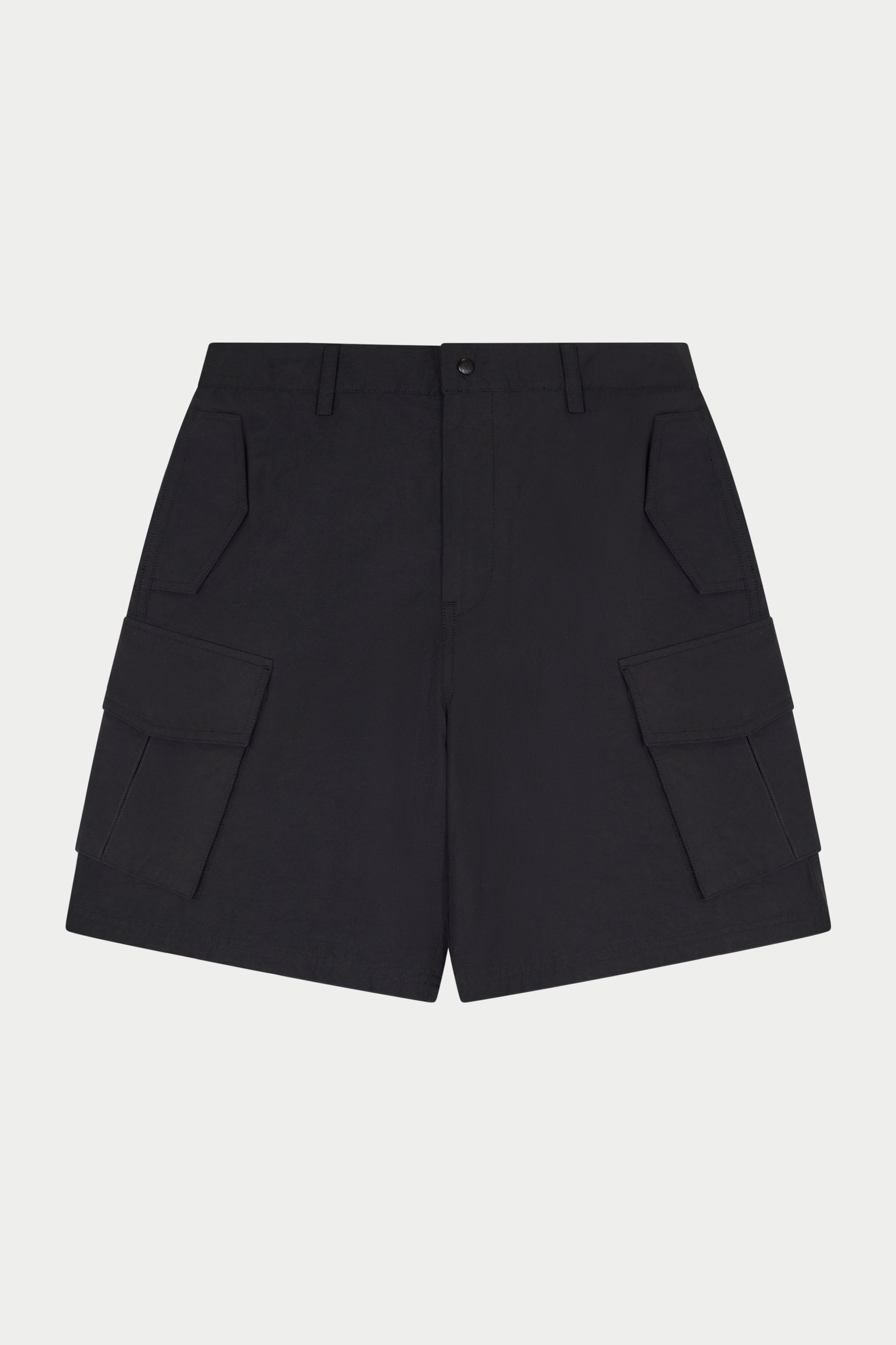 Black cargo shorts on a white background