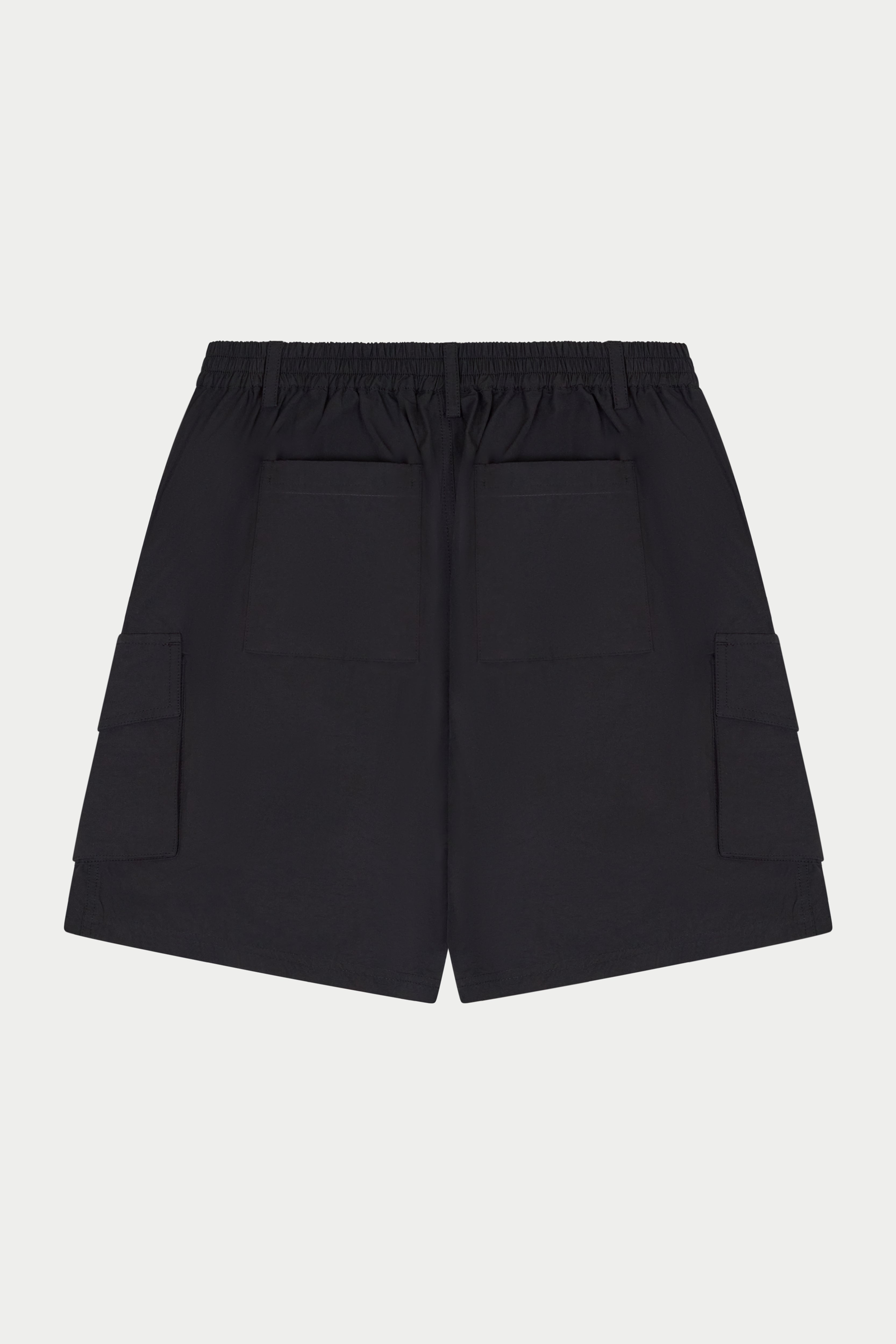 Black cargo shorts on a white background