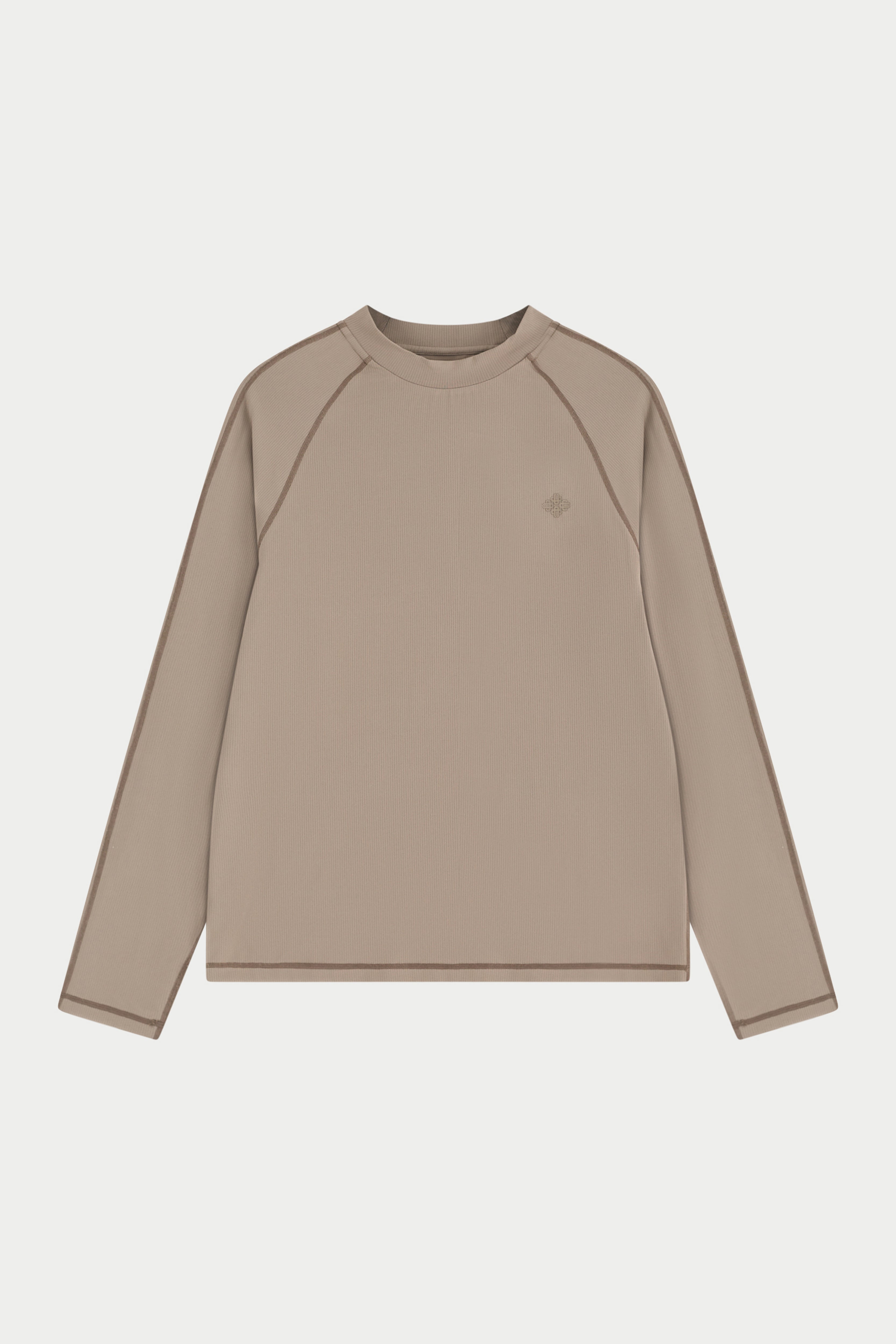 Beige long-sleeve t-shirt on a light grey background