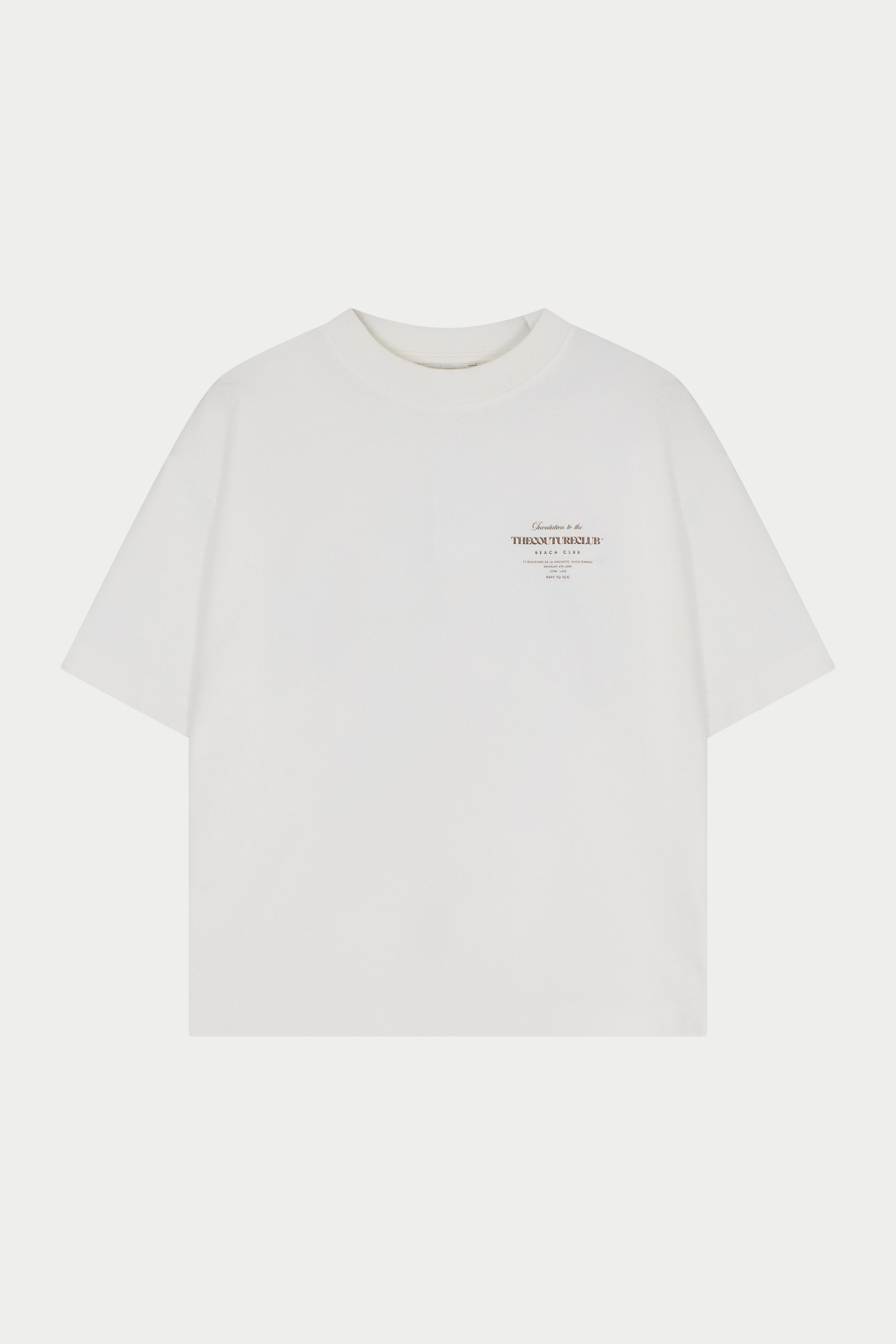 White t-shirt with text on a light background