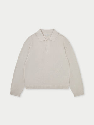 FINE GAUGE KNITTED LONG SLEEVE POLO - MUSHROOM