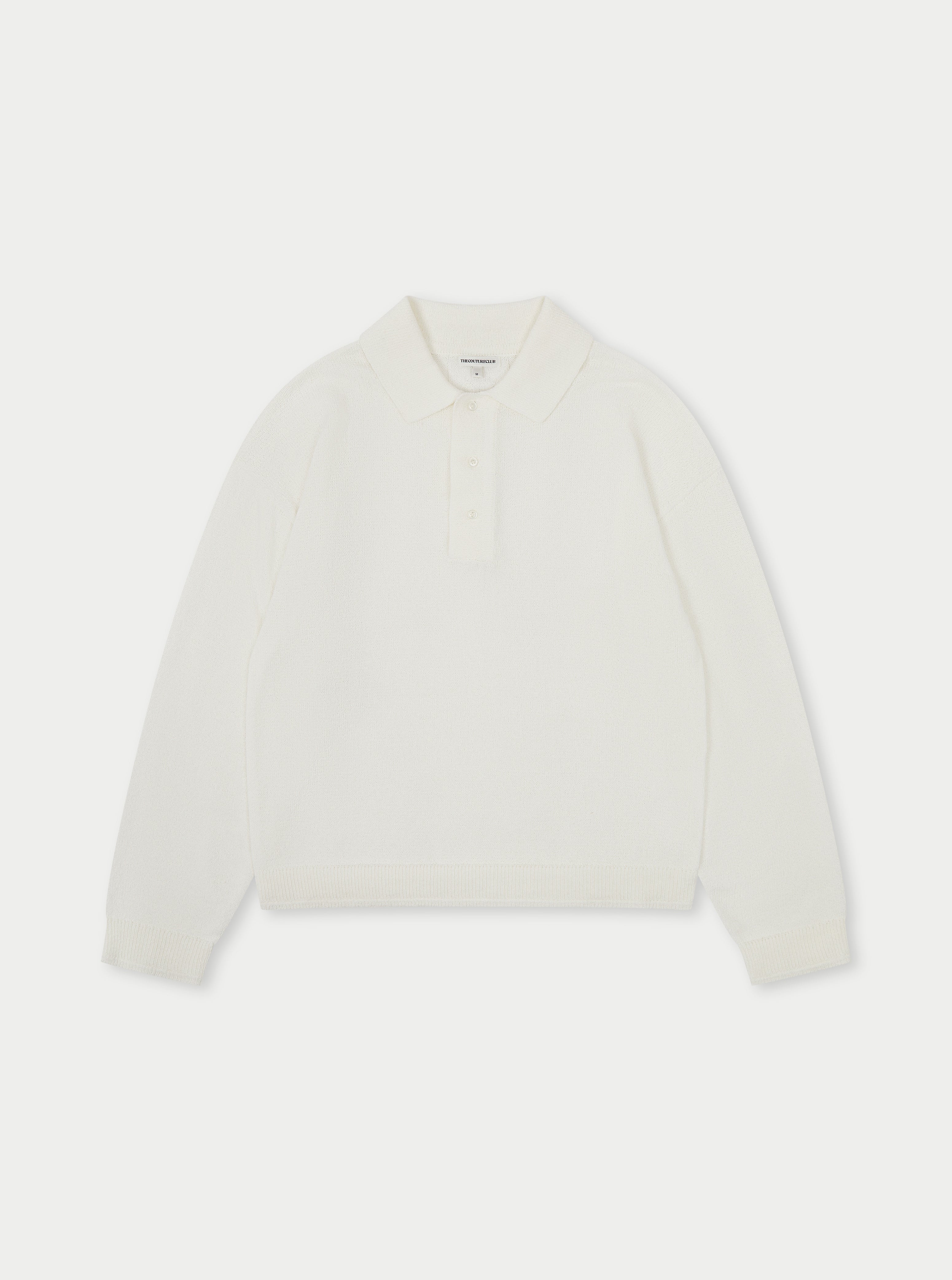FINE GAUGE KNITTED LONG SLEEVE POLO - WHITE