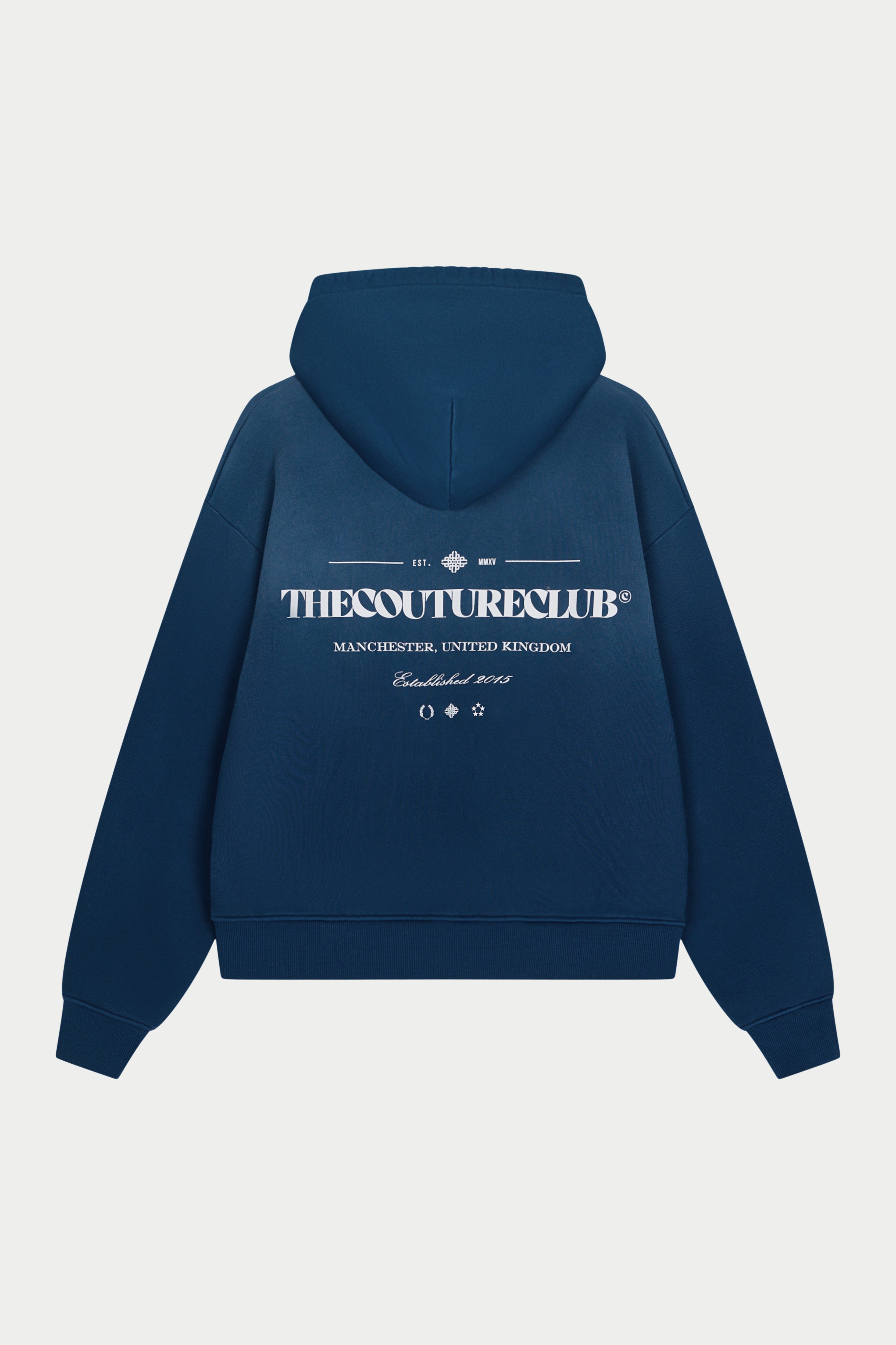 SPRAY WASH COPYRIGHT MULTI GRAPHIC ZIP THROUGH HOODIE - BLUE