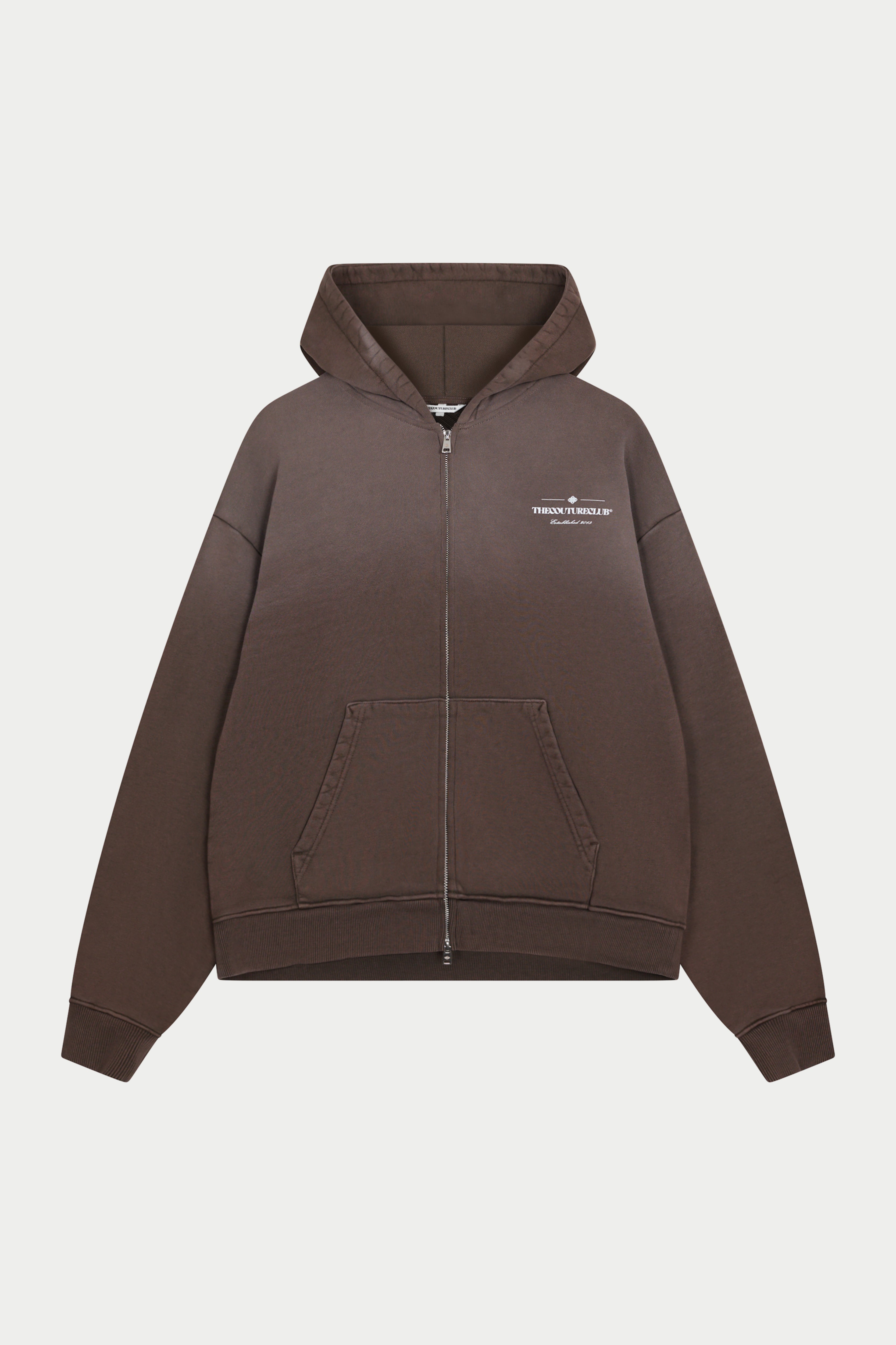 SPRAY WASH COPYRIGHT MULTI GRAPHIC ZIP THROUGH HOODIE - BROWN