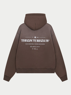 SPRAY WASH COPYRIGHT MULTI GRAPHIC ZIP THROUGH HOODIE - BROWN