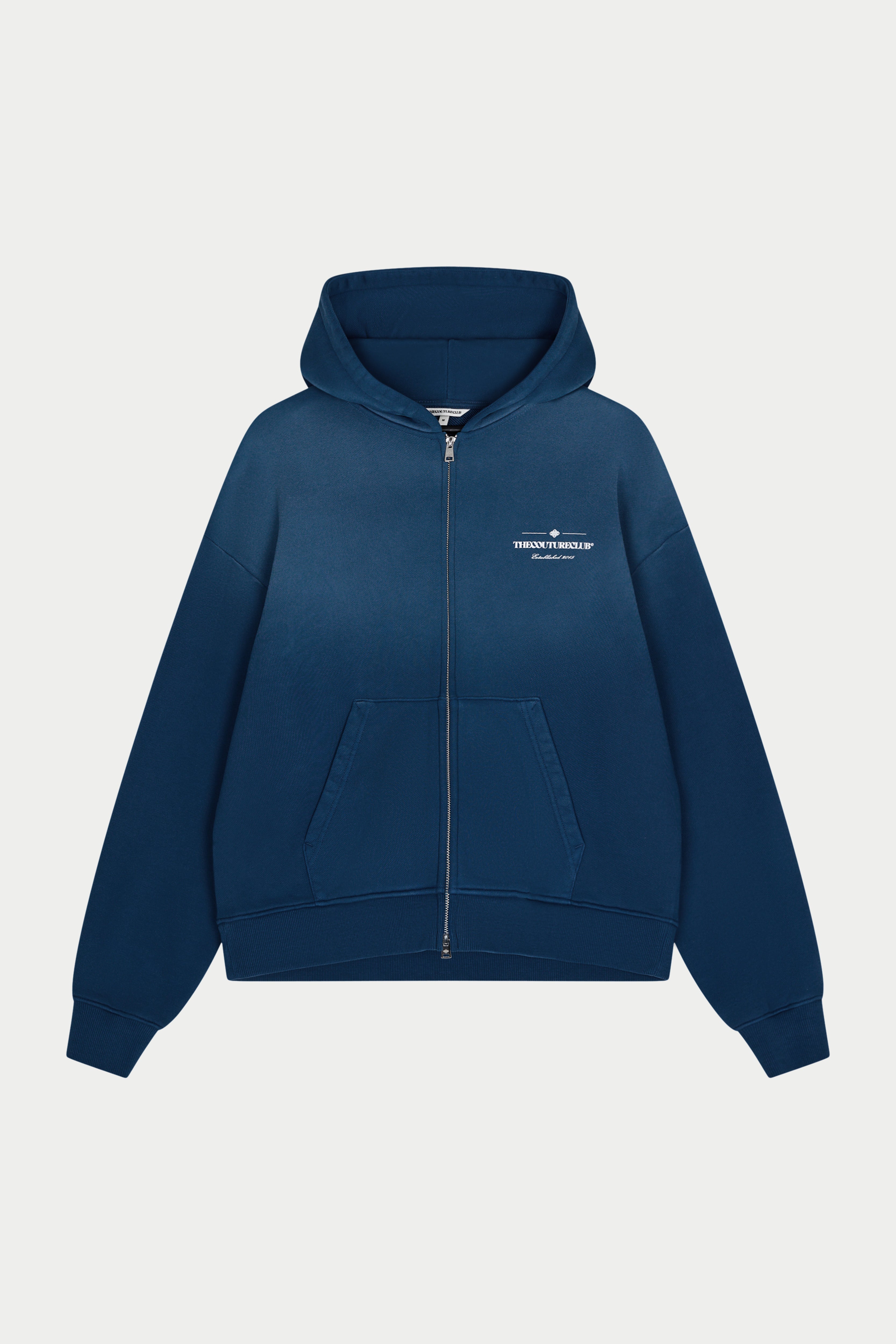 SPRAY WASH COPYRIGHT MULTI GRAPHIC ZIP THROUGH HOODIE - BLUE