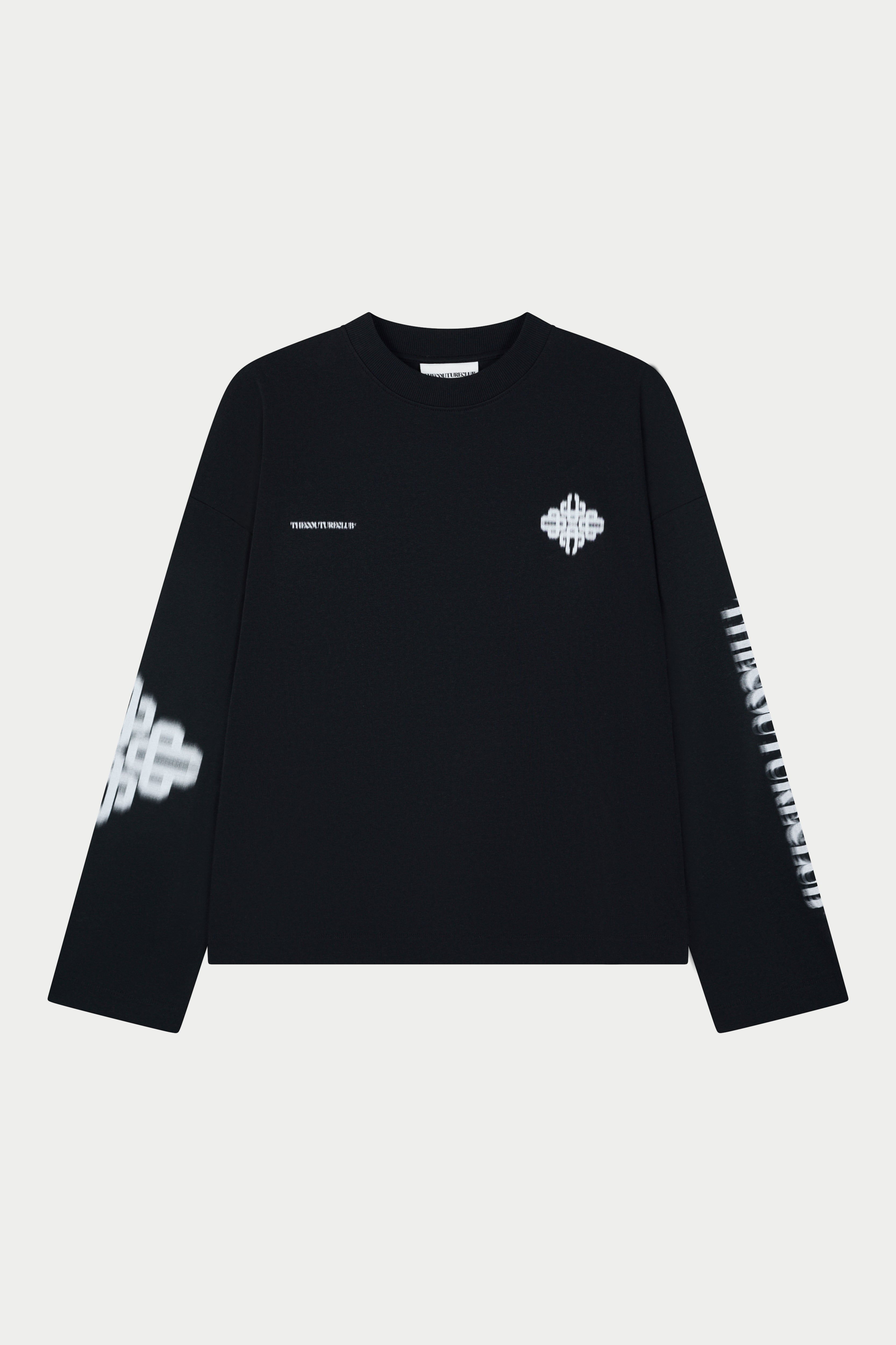 Black long-sleeve t-shirt with white text and logos on a light grey background