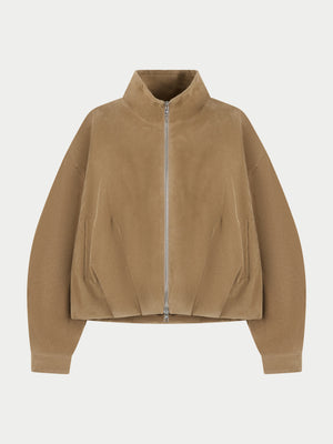 FAUX SUEDE FUNNEL NECK JACKET - BEIGE
