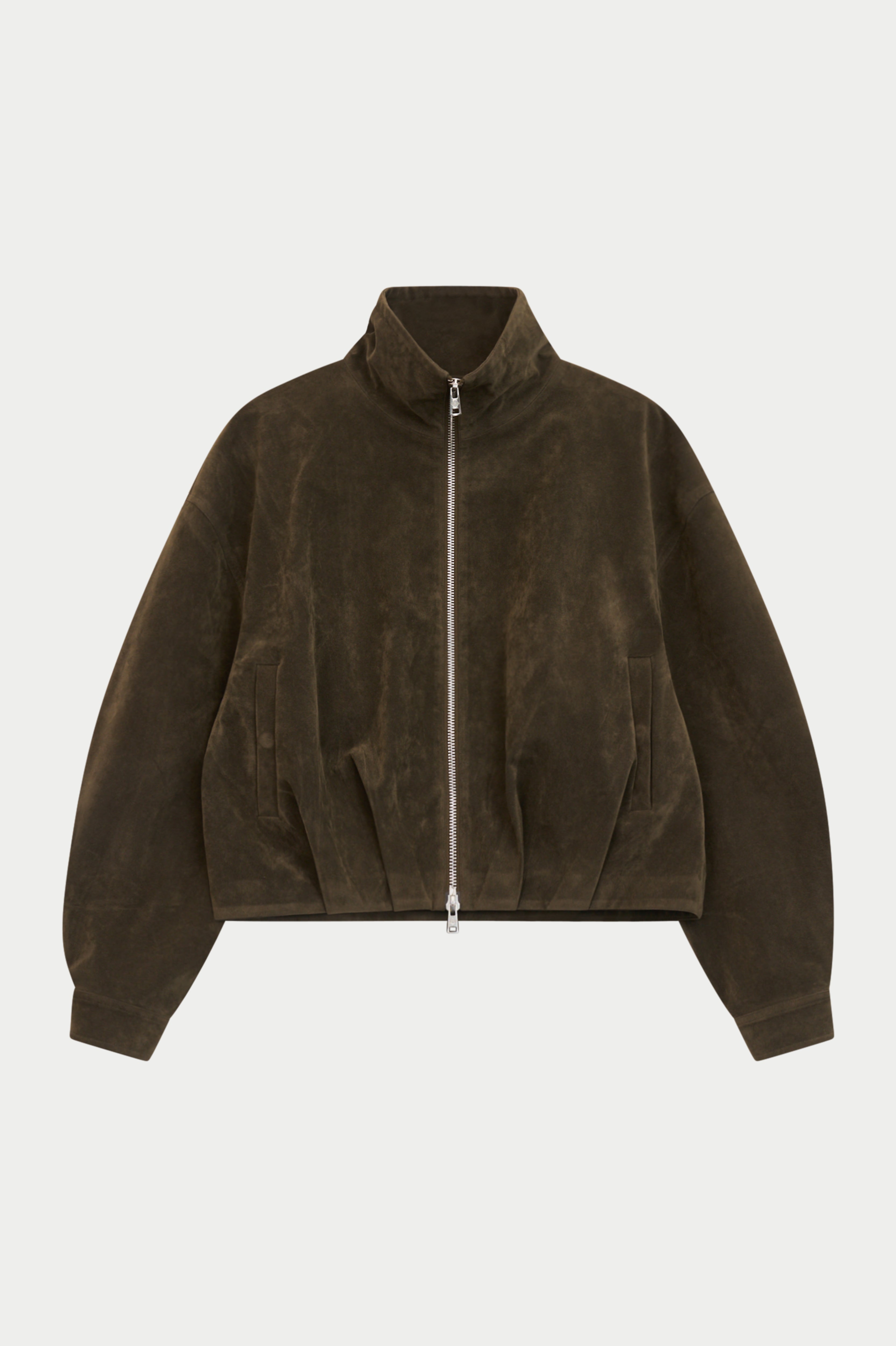 A dark brown suede cropped jacket with a stand-up collar and a silver front zipper, displayed on a light gray background.