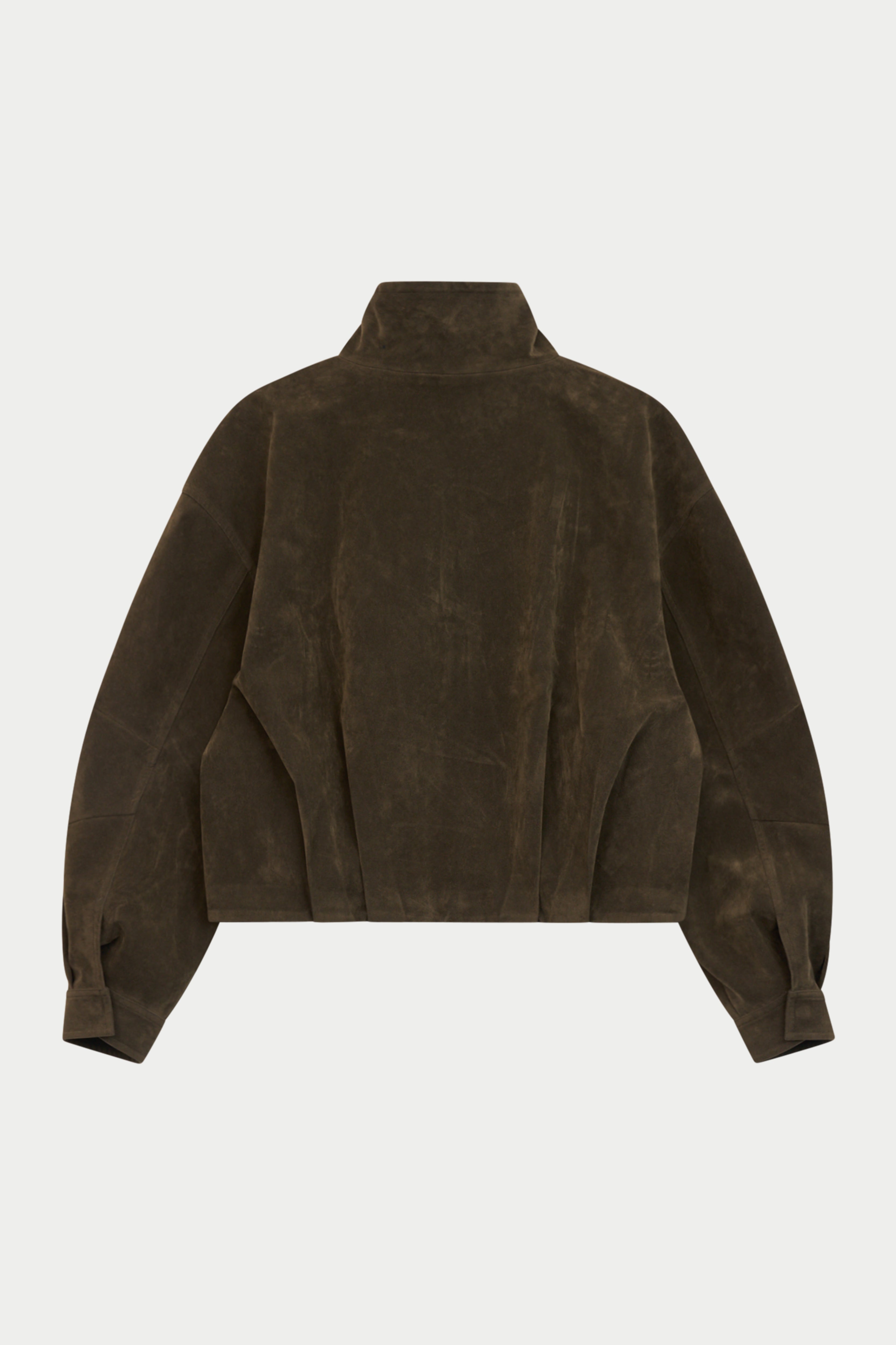 A dark brown suede cropped jacket with a high mock neck and balloon sleeves, shown from the back on a light gray background.