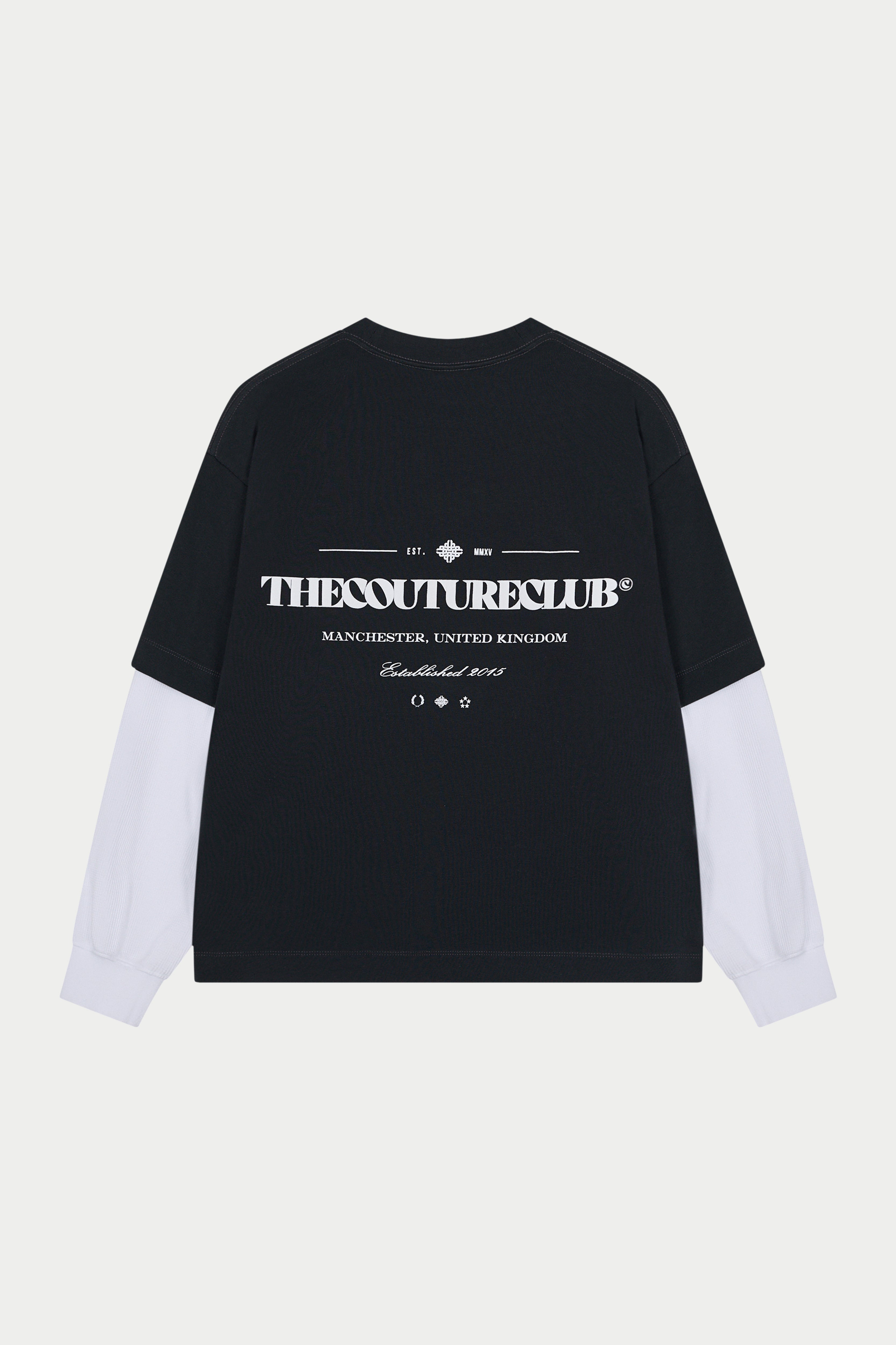 Black and white long-sleeved t-shirt with branded text on a light grey background