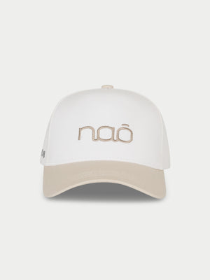 White and beige cap with logo on a white background
