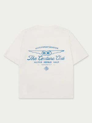 MOTOR REPAIR SHOP GRAPHIC T-SHIRT -  WHITE BLUE