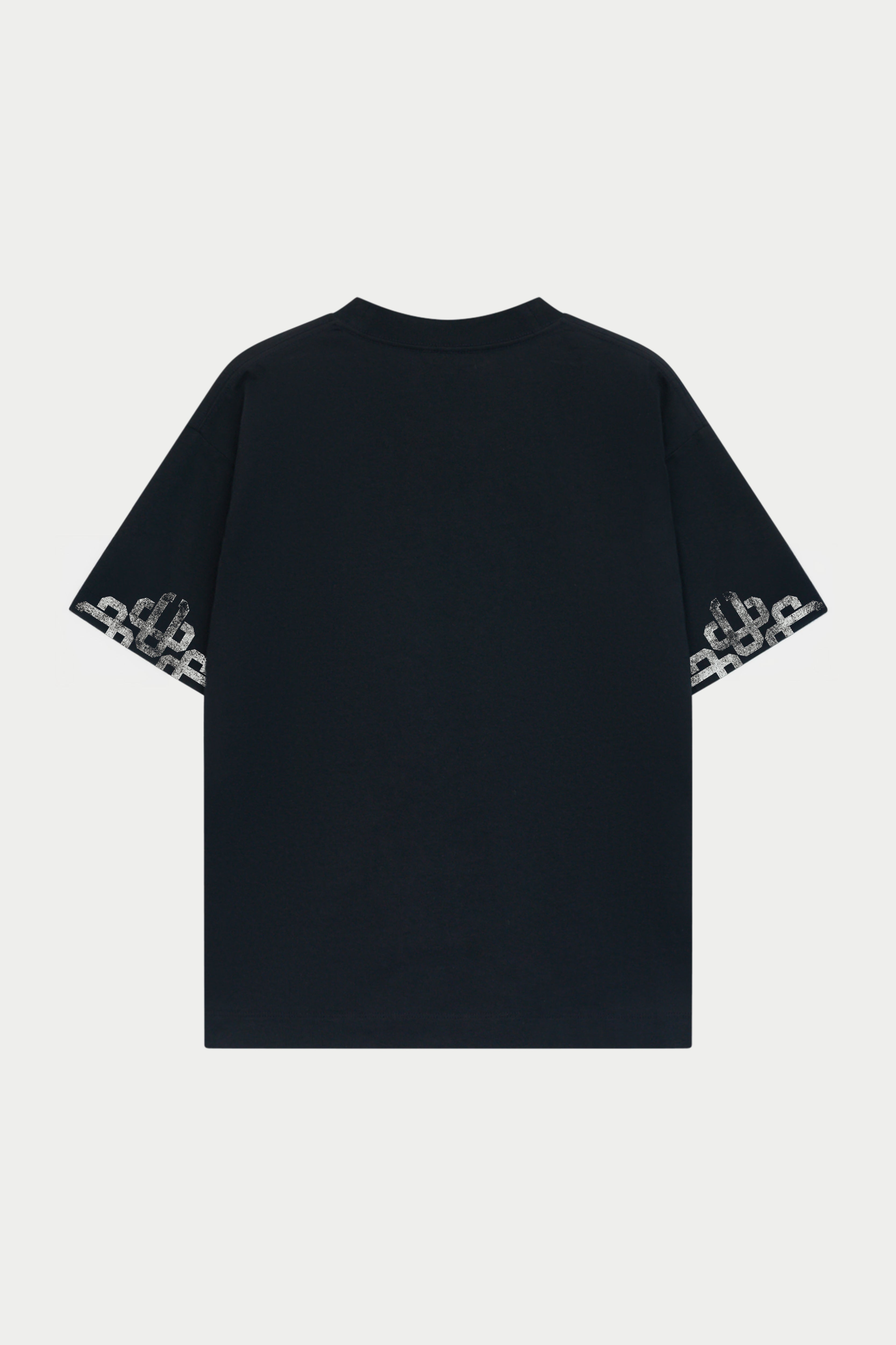 A black short-sleeve t-shirt shown from the back, featuring a repeating white Adidas logo pattern along the sleeve cuffs, set against a light gray background.