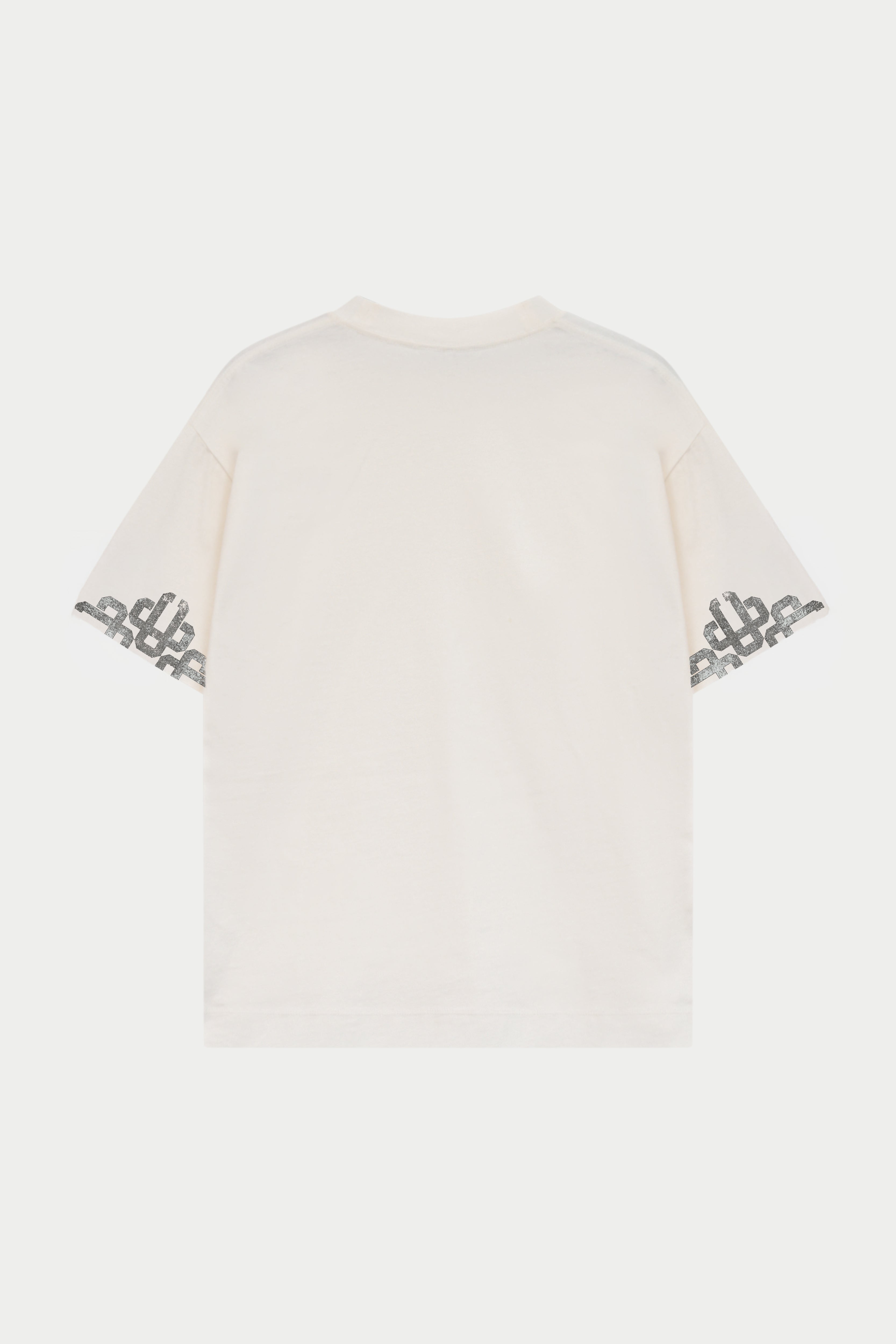 An off-white short-sleeve t-shirt shown from the back, featuring a repeating black graphic pattern along the sleeve cuffs, set against a solid light gray background.