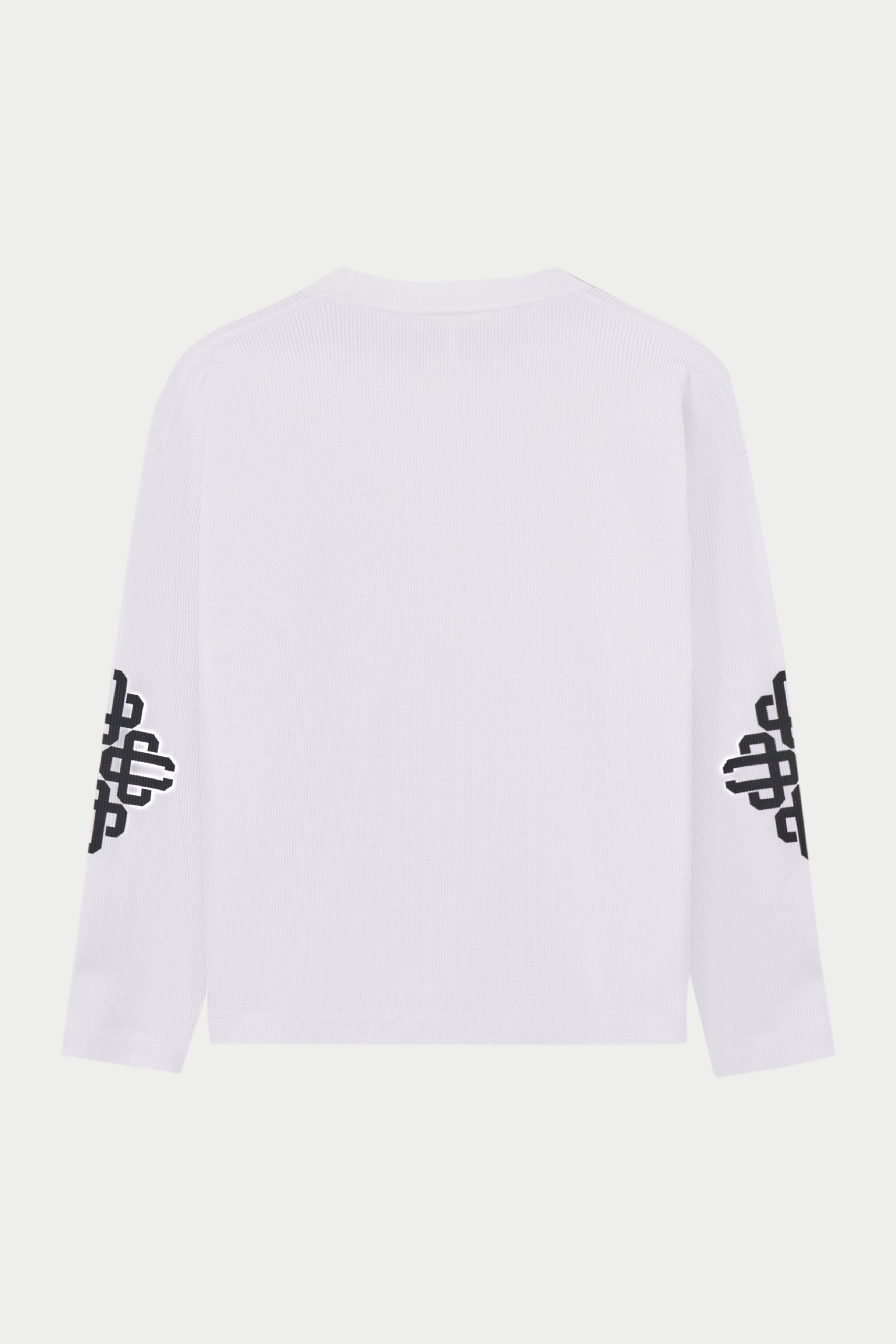 White long-sleeve t-shirt with black logo on a white background