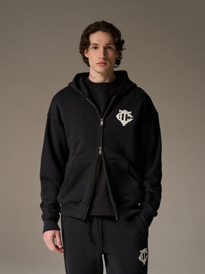HEAVYWEIGHT MONOGRAM APPLIQUE EMBLEM ZIP THROUGH - BLACK