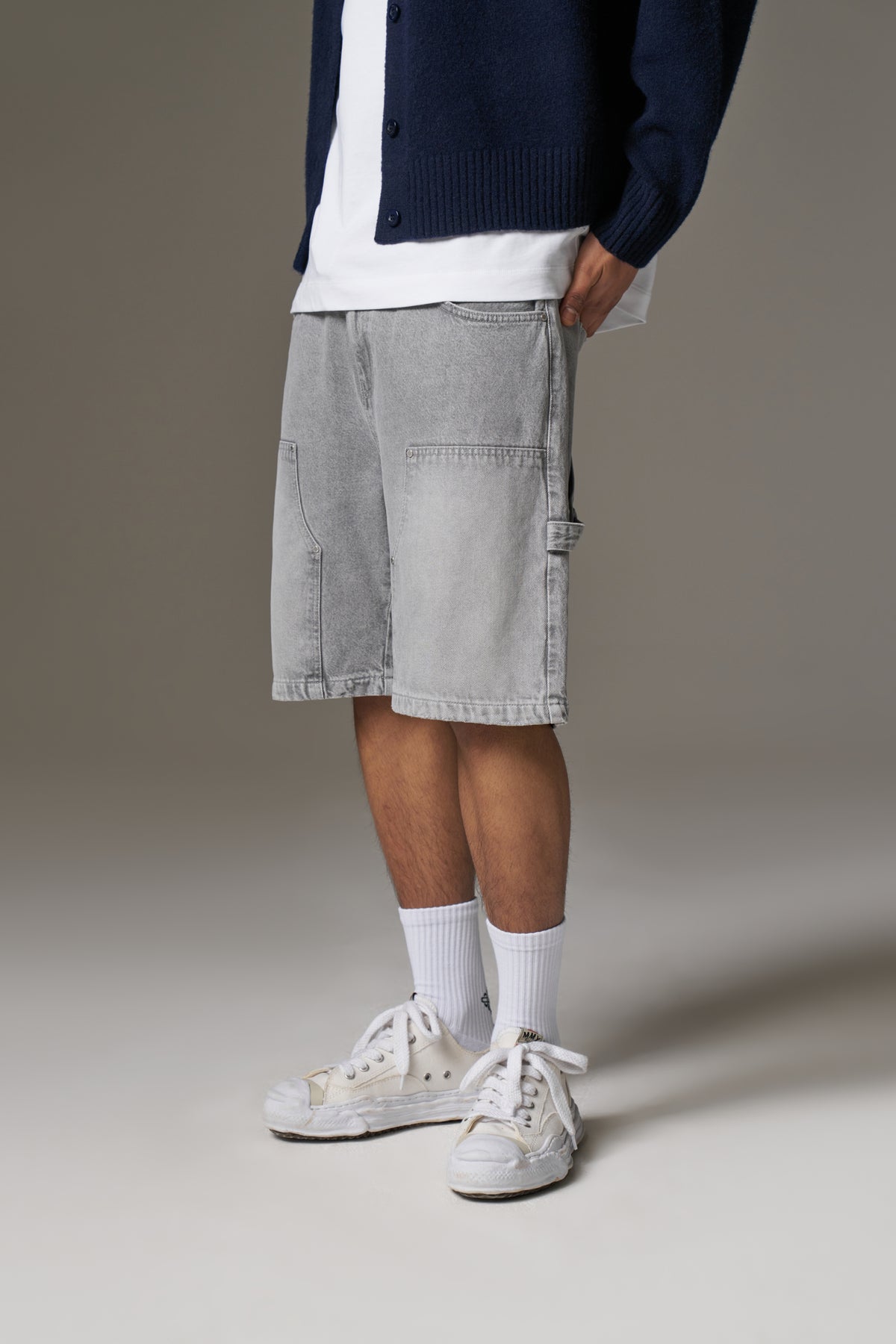 DENIM CARPENTER SHORTS - GREY WASH