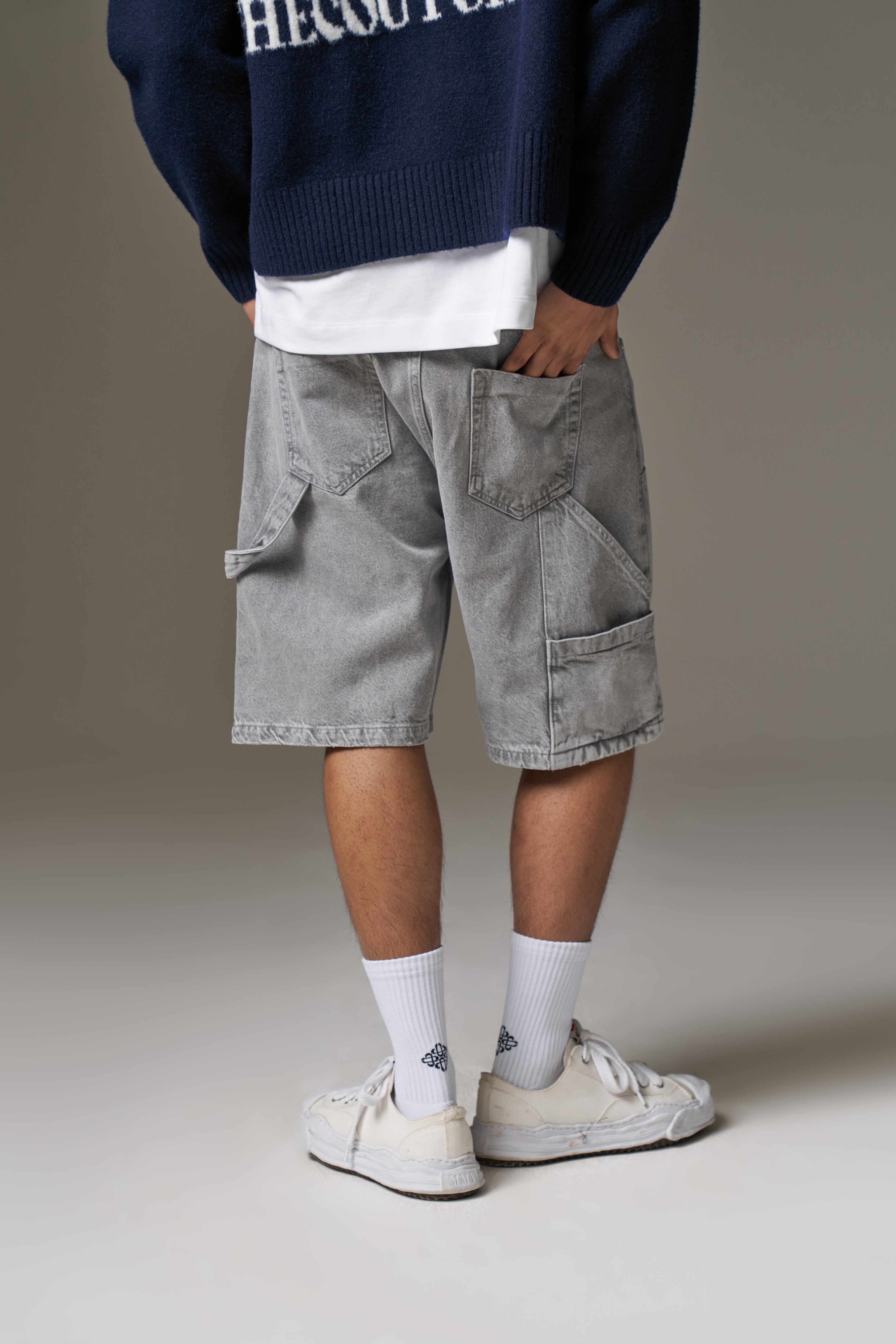 DENIM CARPENTER SHORTS - GREY WASH