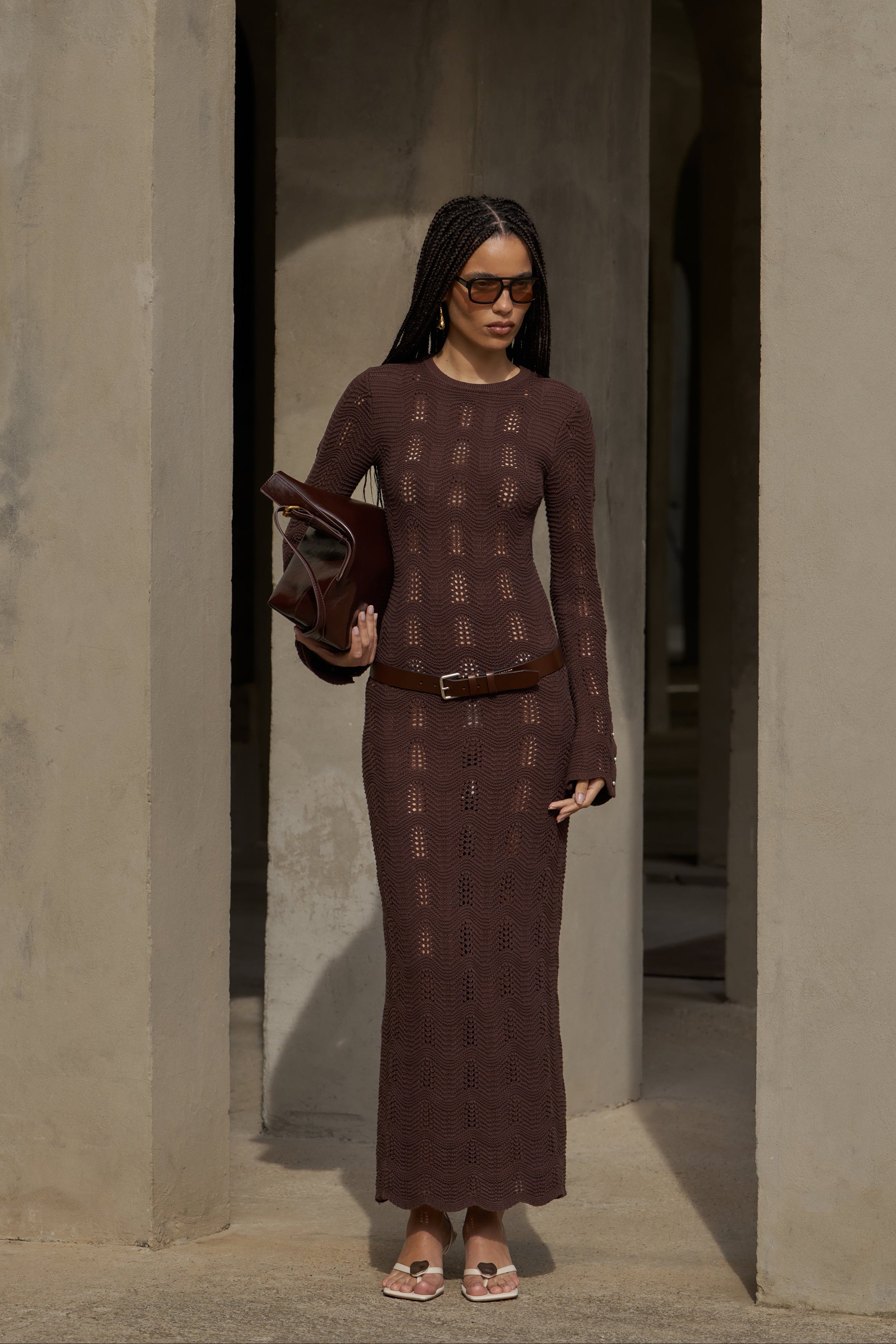 SCALLOP EDGE KNITTED MAXI DRESS - CHOCOLATE