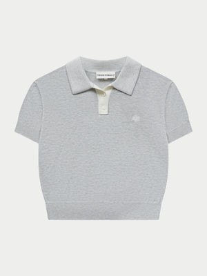 KNITTED COLLAR POLO TOP - GREY MARL