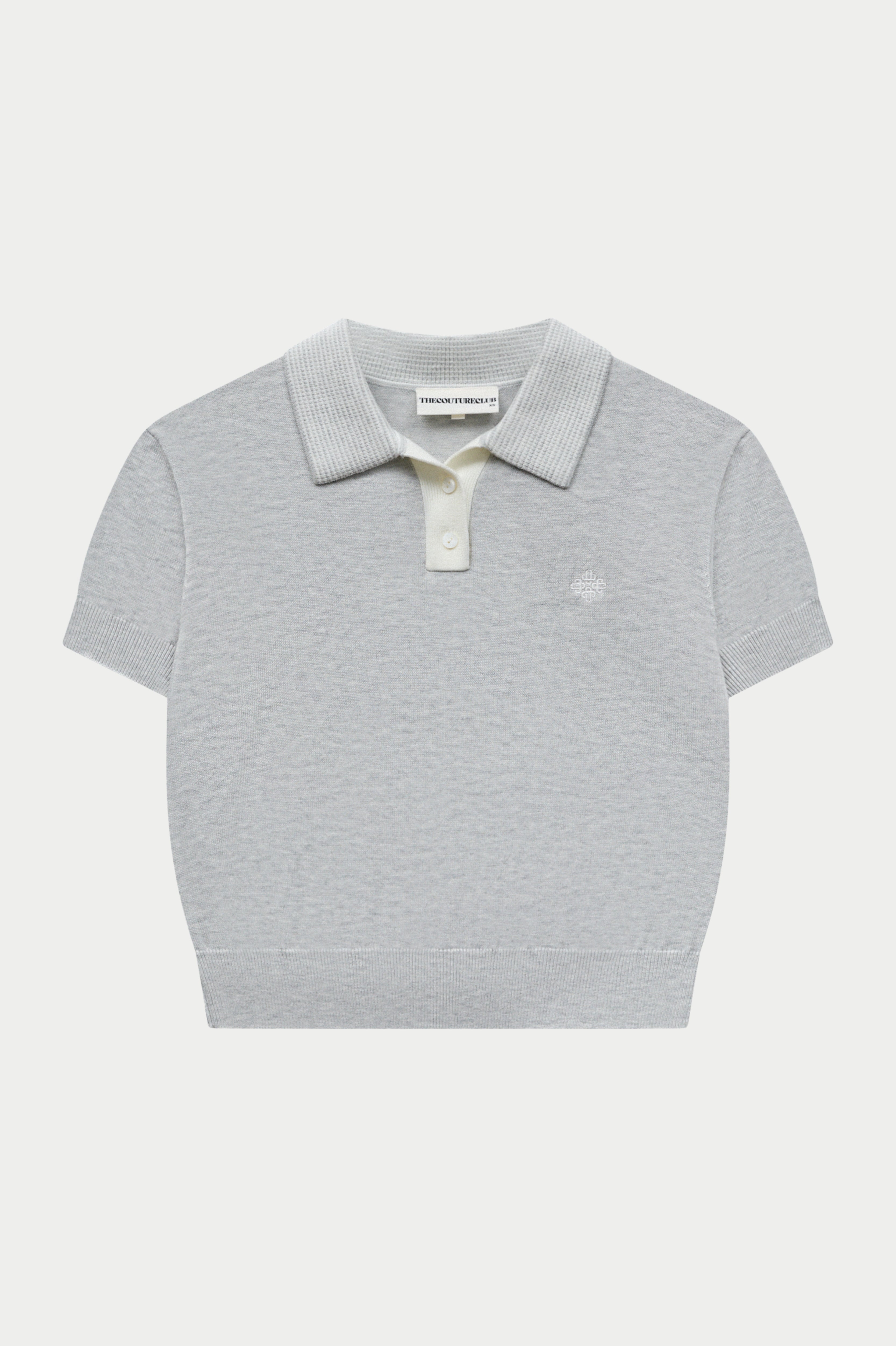 KNITTED COLLAR POLO TOP - GREY MARL