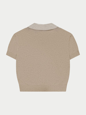 KNITTED COLLAR POLO TOP - BEIGE