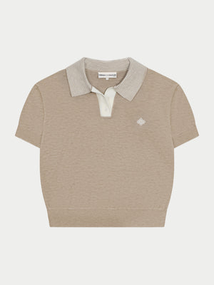 KNITTED COLLAR POLO TOP - BEIGE