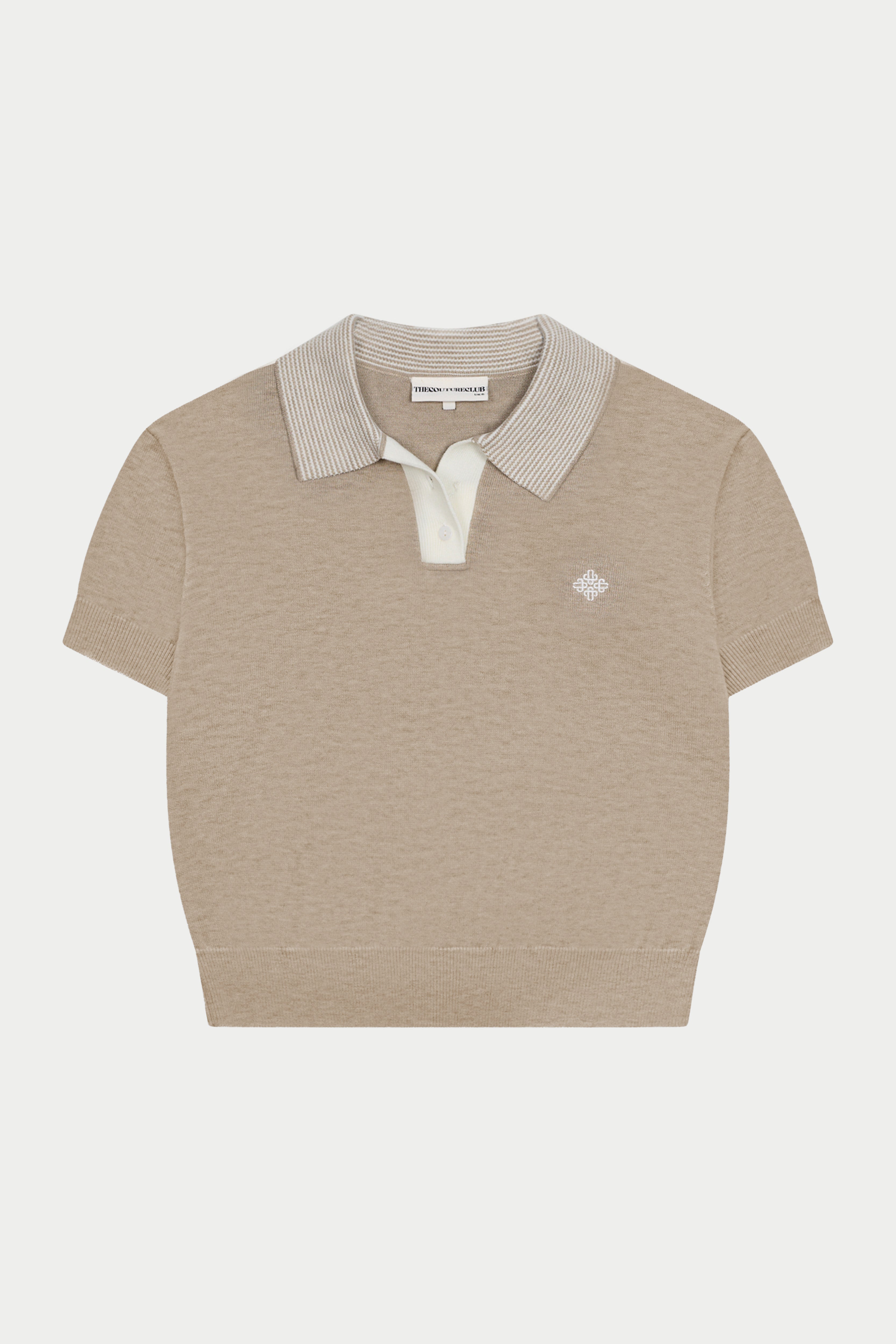 KNITTED COLLAR POLO TOP - BEIGE