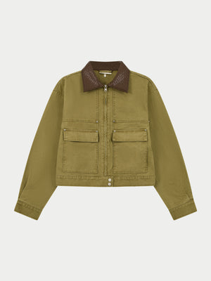 WASHED CONTRAST COLLAR TRUCKER JACKET - KHAKI