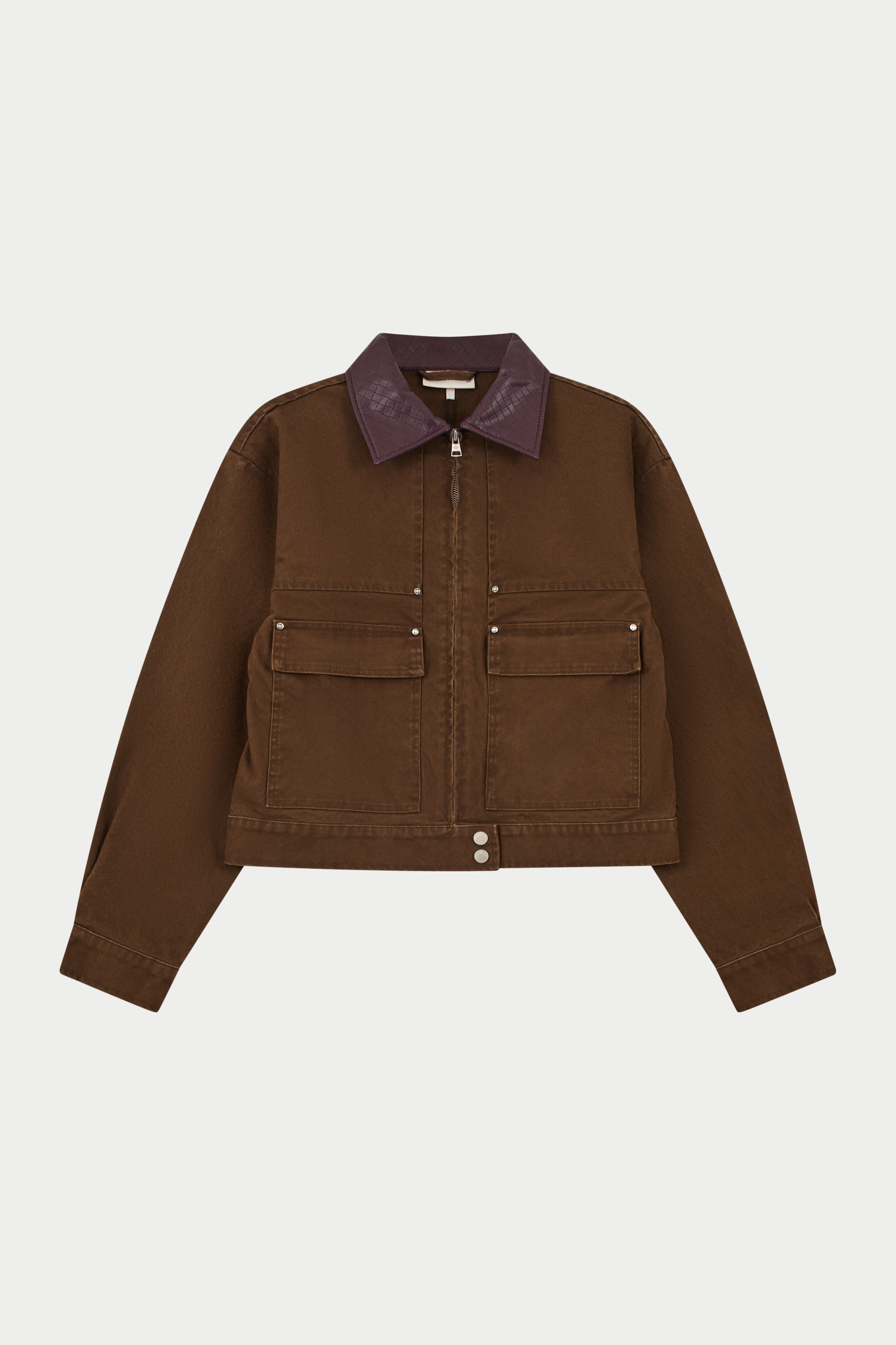 WASHED CONTRAST COLLAR TRUCKER JACKET - CHOCOLATE